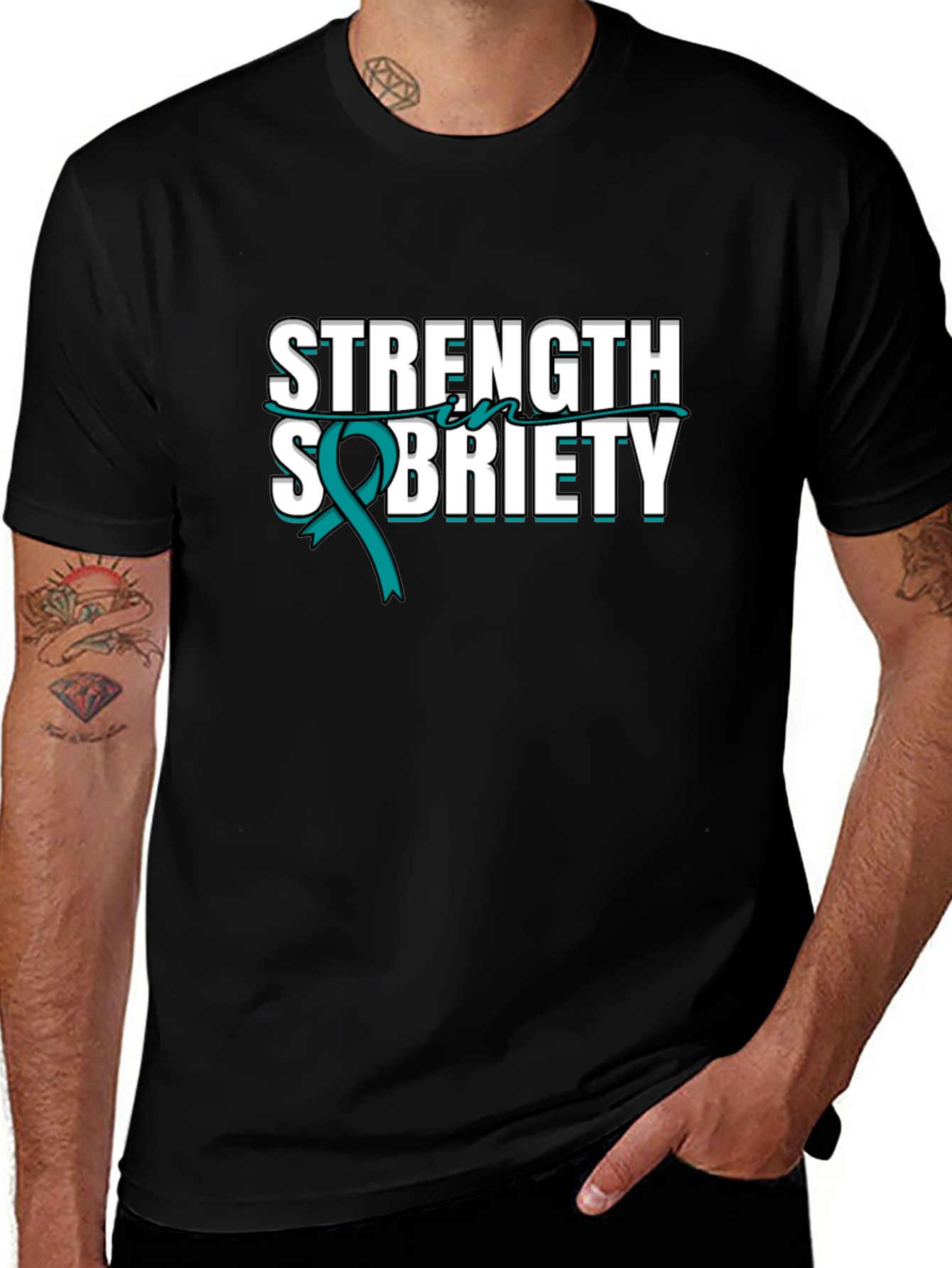 Strength Sobriety Teal Ribbon Black T-Shirt
