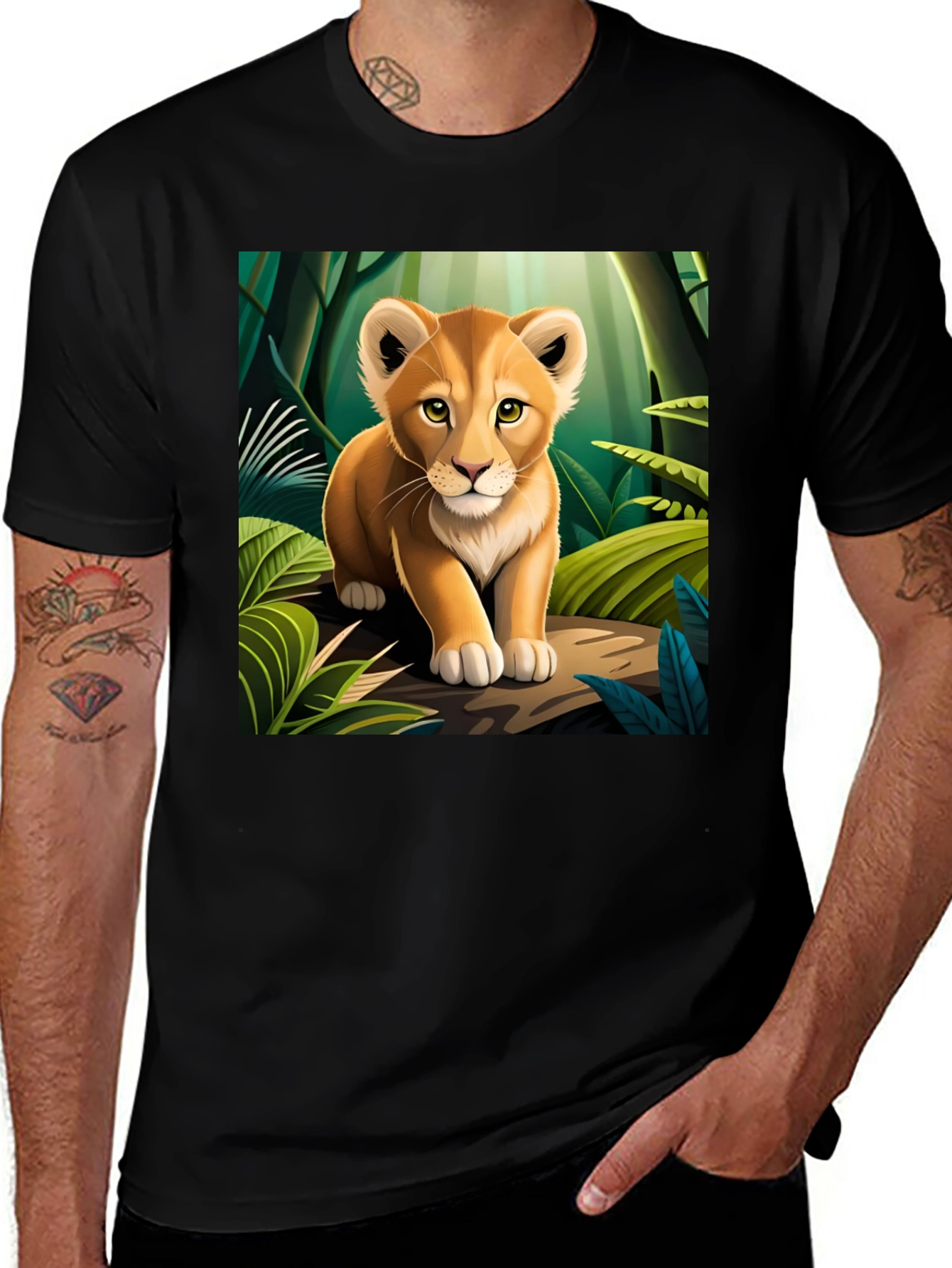 Cute Lion Cub in Jungle Black T-Shirt