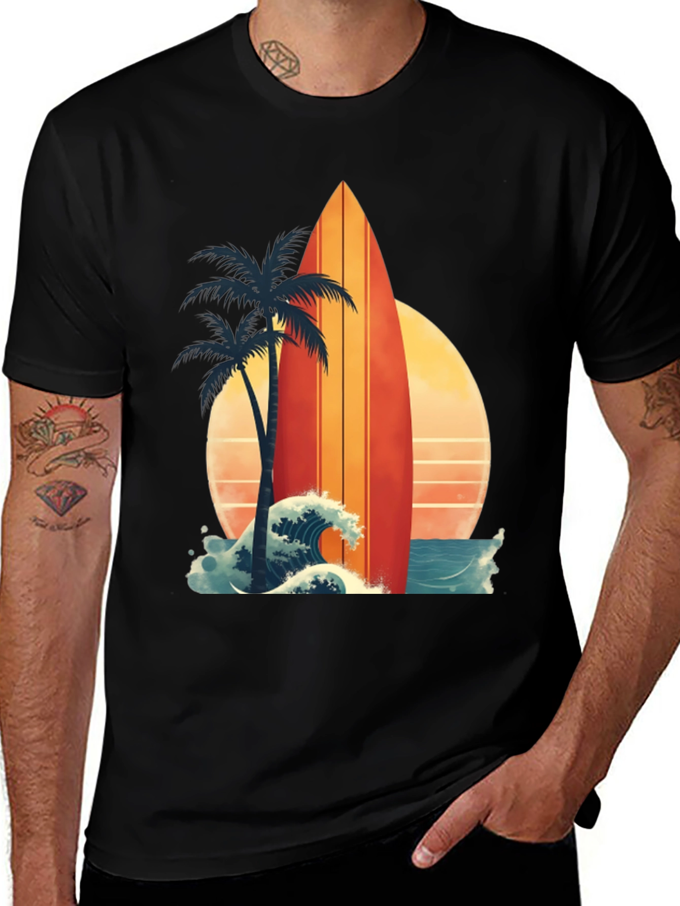 Variant 4 of Retro Surfboard Palm Tee - Beach Vibes