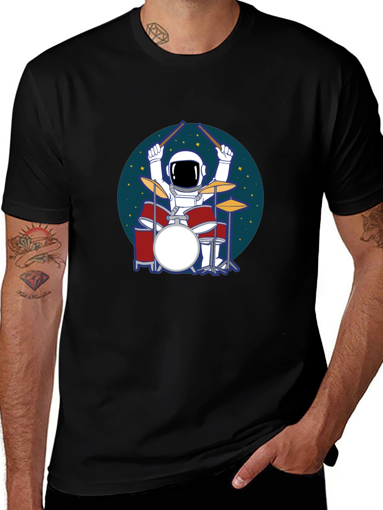 Variant 15 of Astronaut Drummer Graphic Tee - Black Cotton