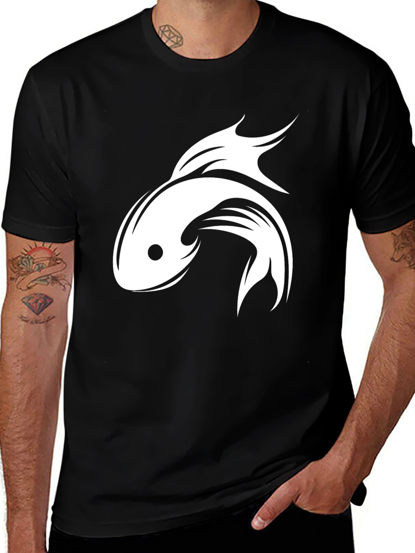 Black T-Shirt with White Fish Graphic