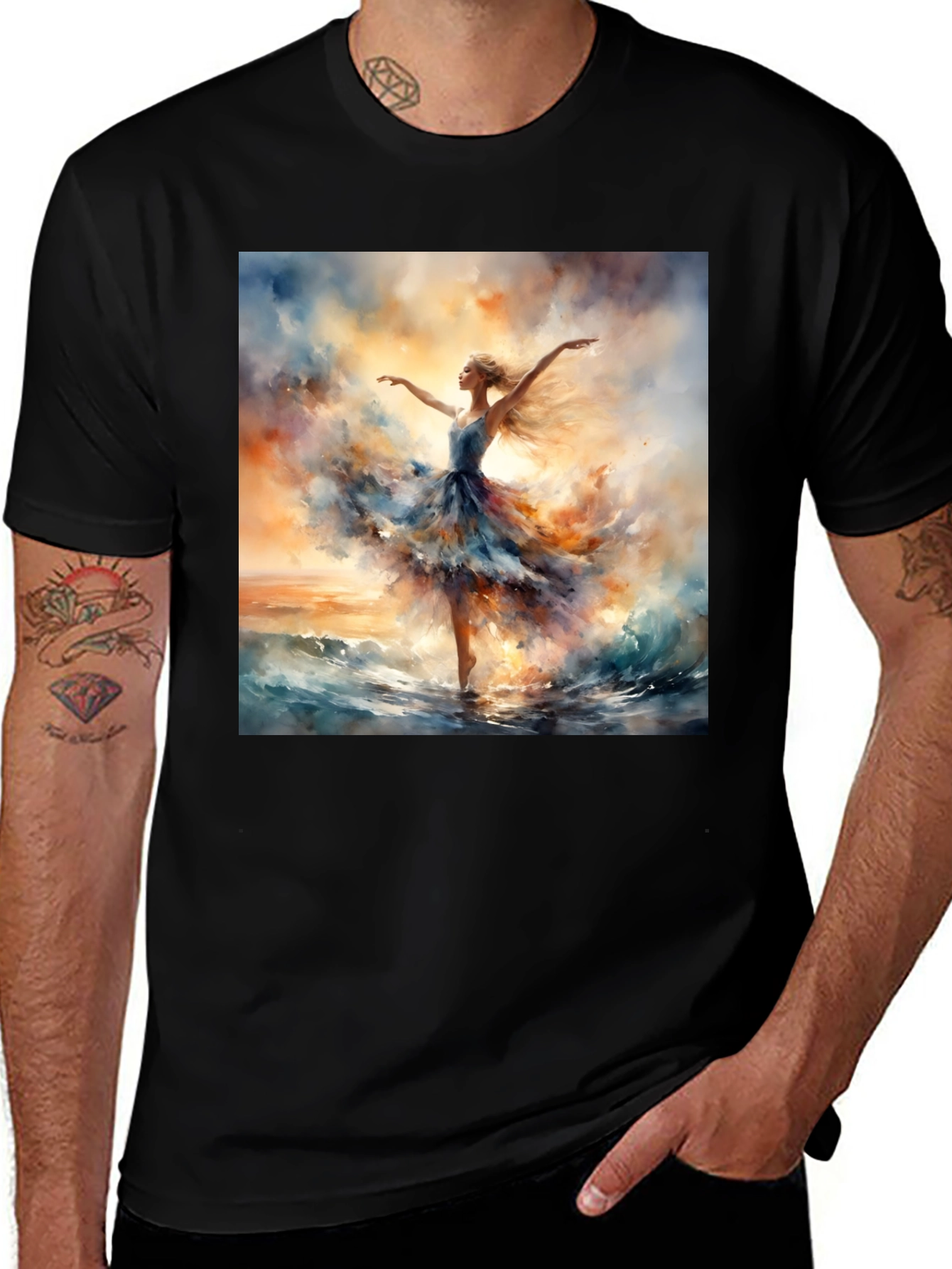 Artistic Woman Dancing Ocean Graphic Tee