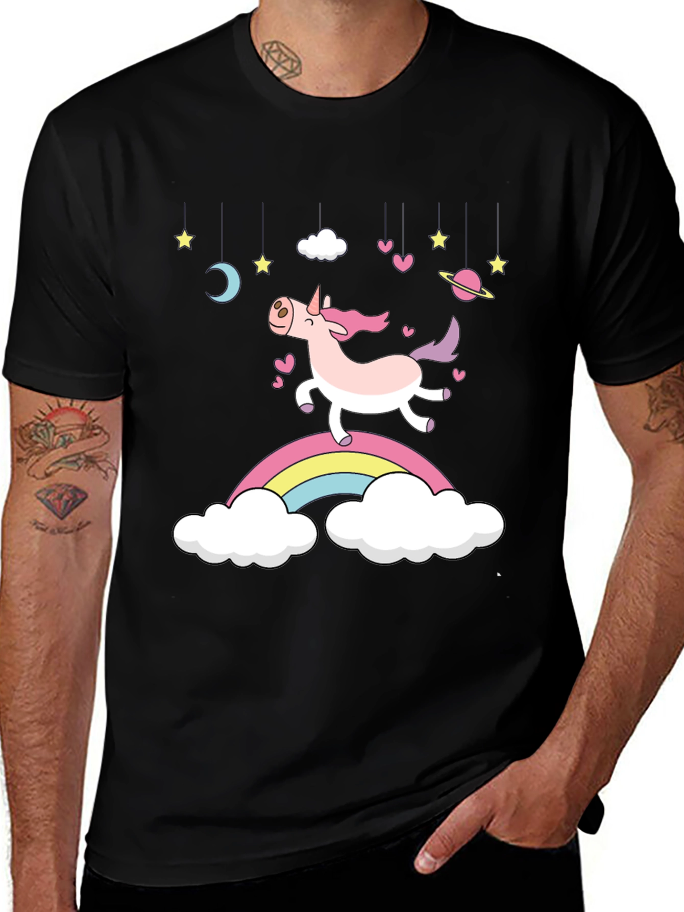 Unicorn Rainbow Graphic Tee - Black Cotton Comfort