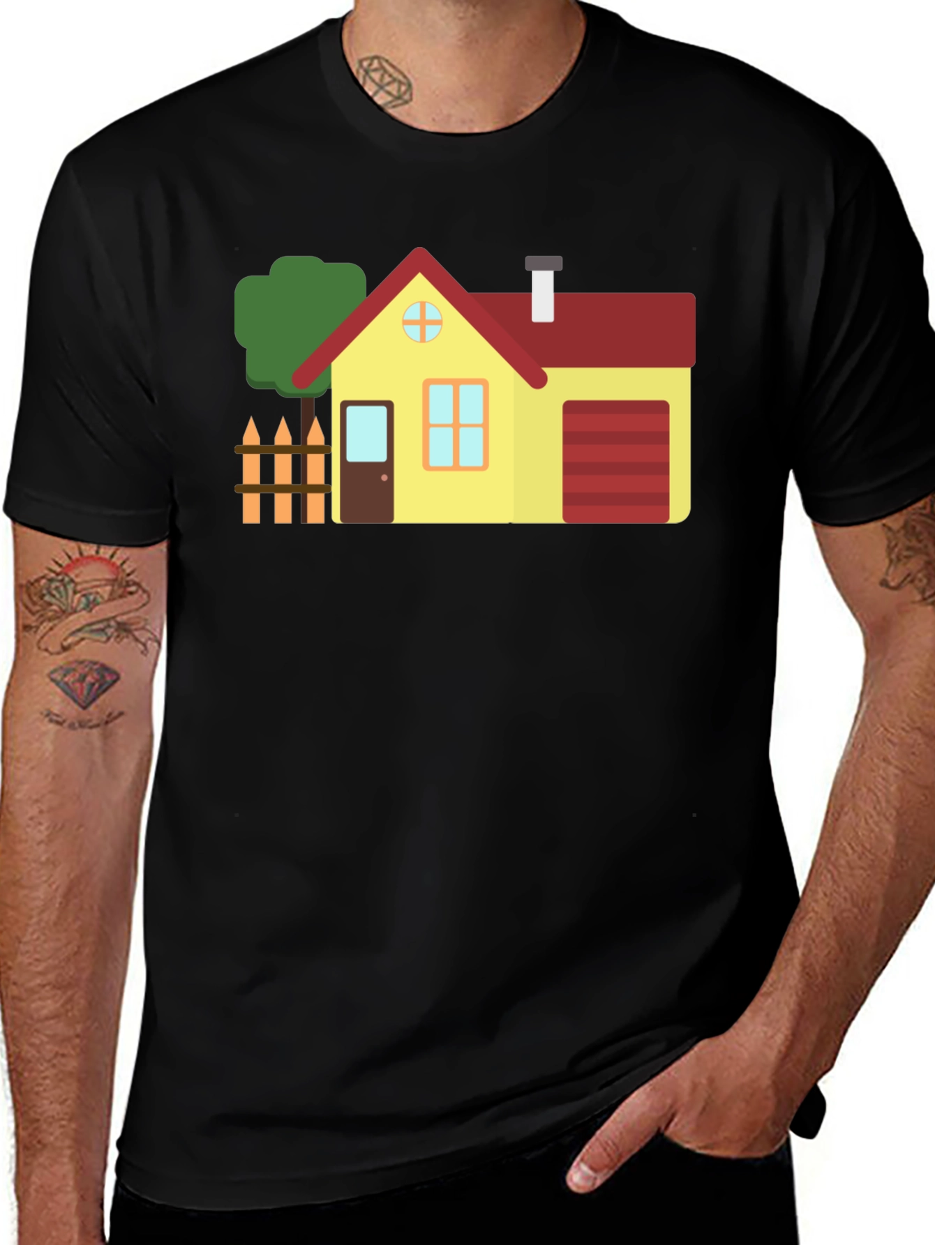 Variant 22 of Cartoon House Graphic Tee, Black Cotton Shirt
