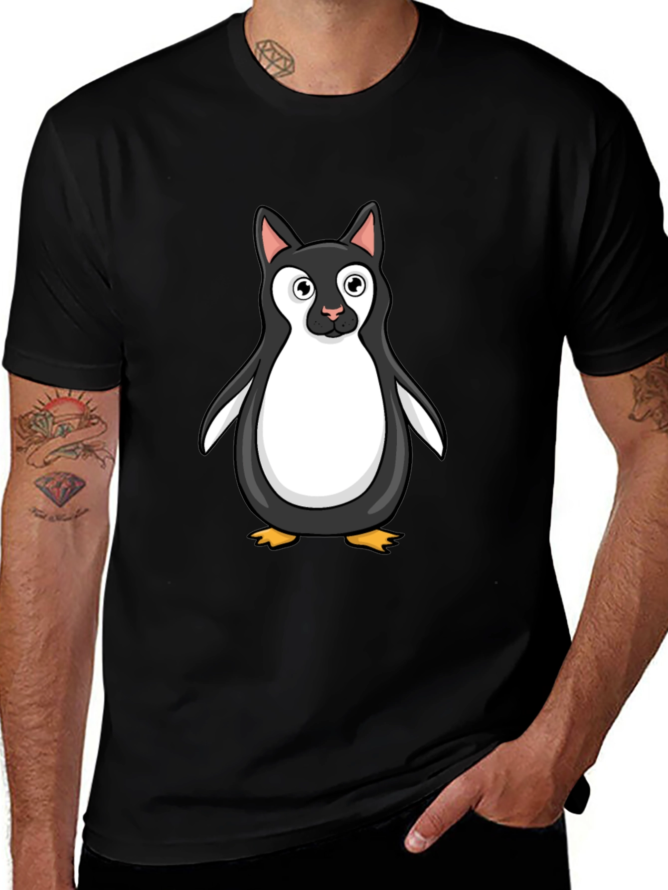 Variant 28 of Cat Penguin Tee - Men's Black Cartoon Shirt