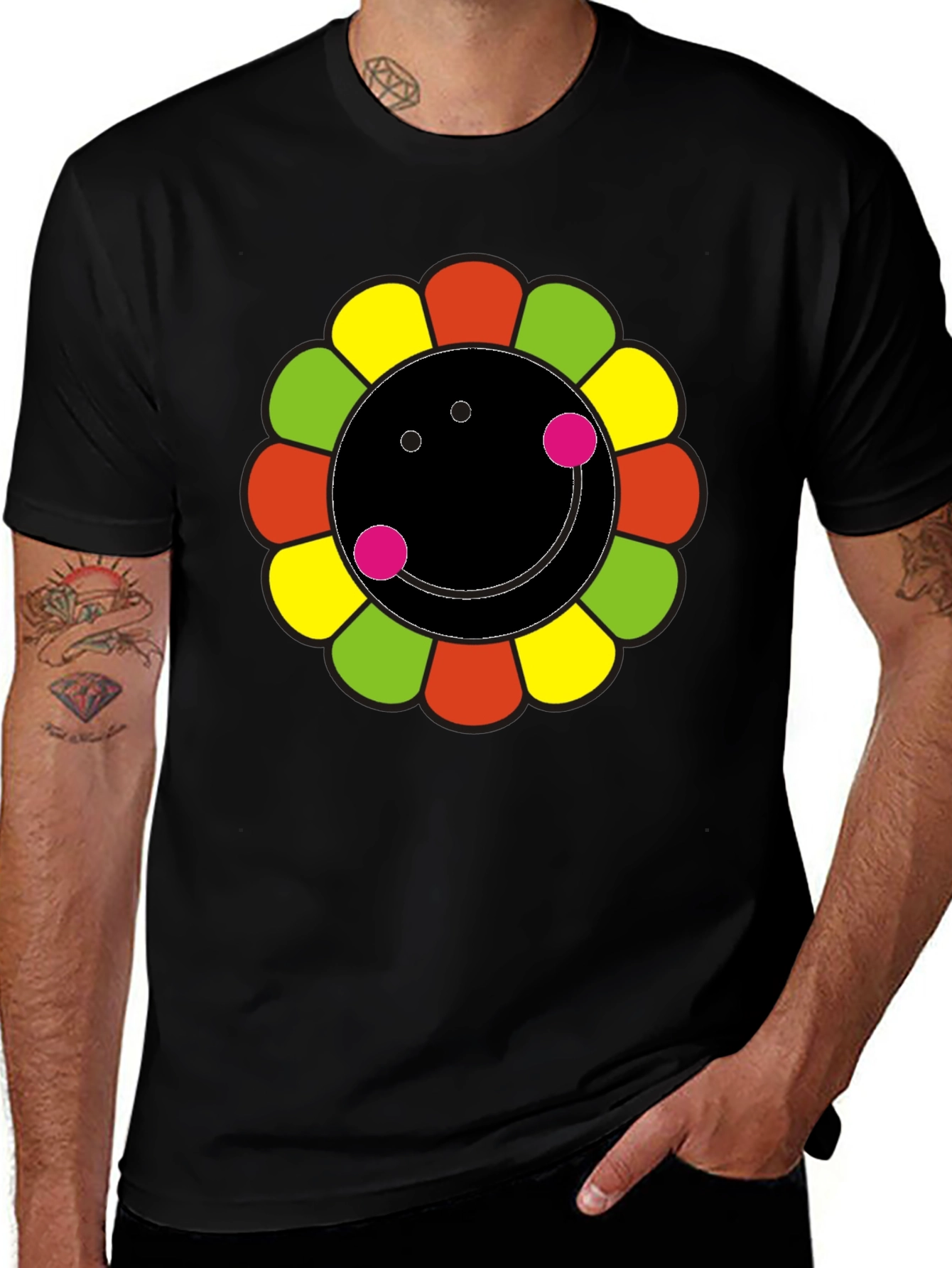 Variant 12 of Funky Flower Smiley Black T-Shirt