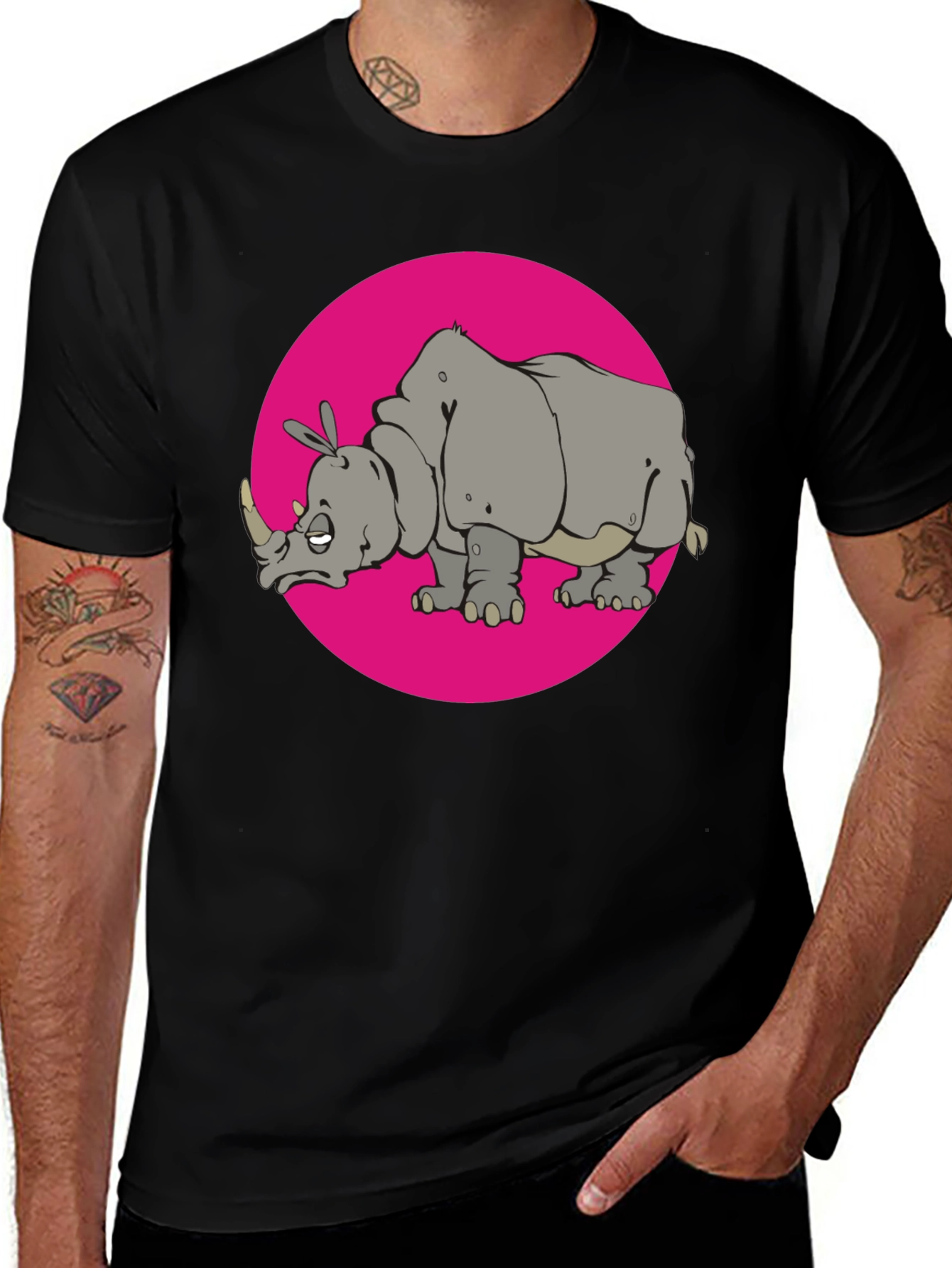 Variant 10 of Cartoon Rhino Graphic Tee - Black Crew Neck