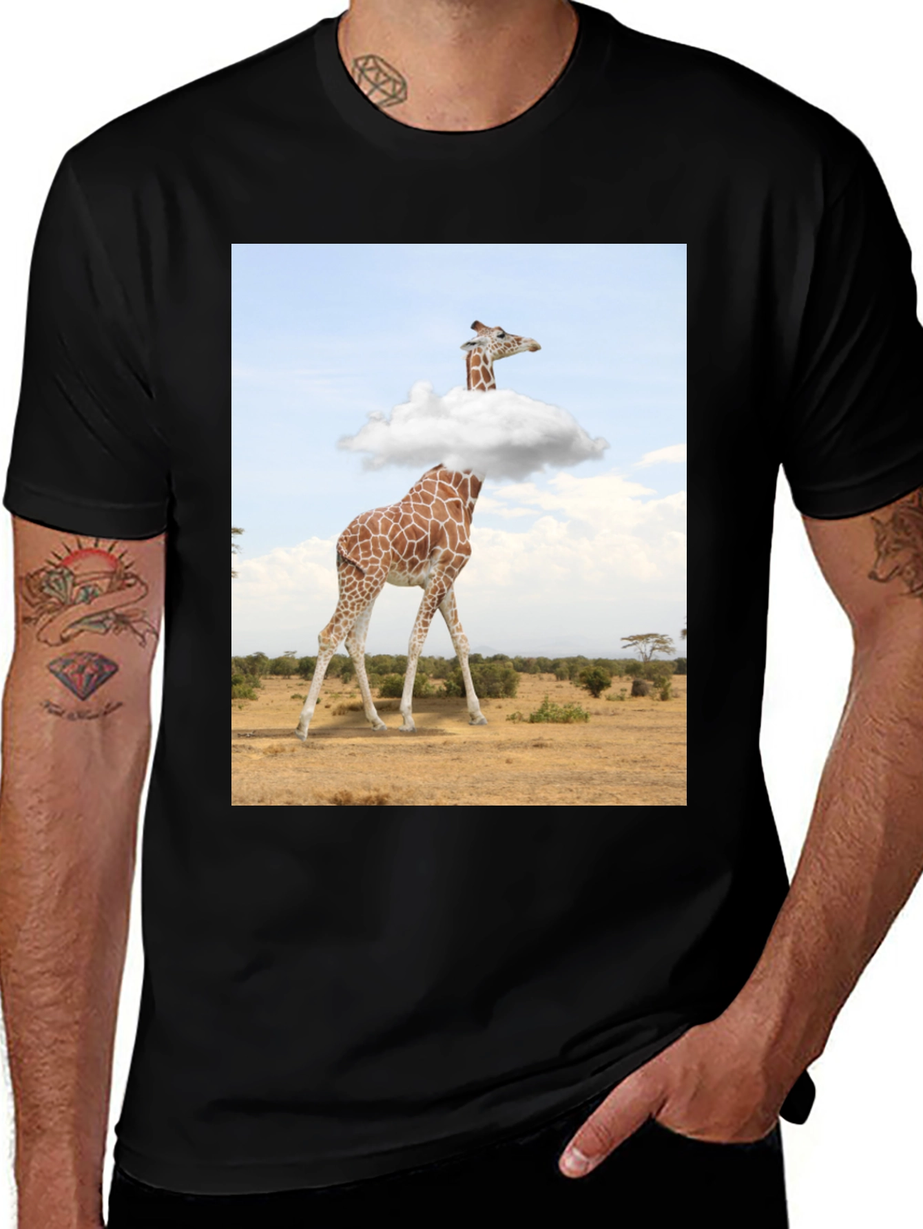 Variant 11 of Giraffe in Clouds Graphic Tee - Men's Black T-Shirt