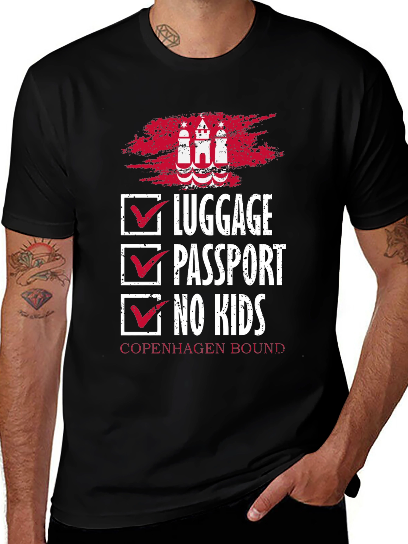 Copenhagen Bound T-Shirt: Luggage, Passport, No Kids!