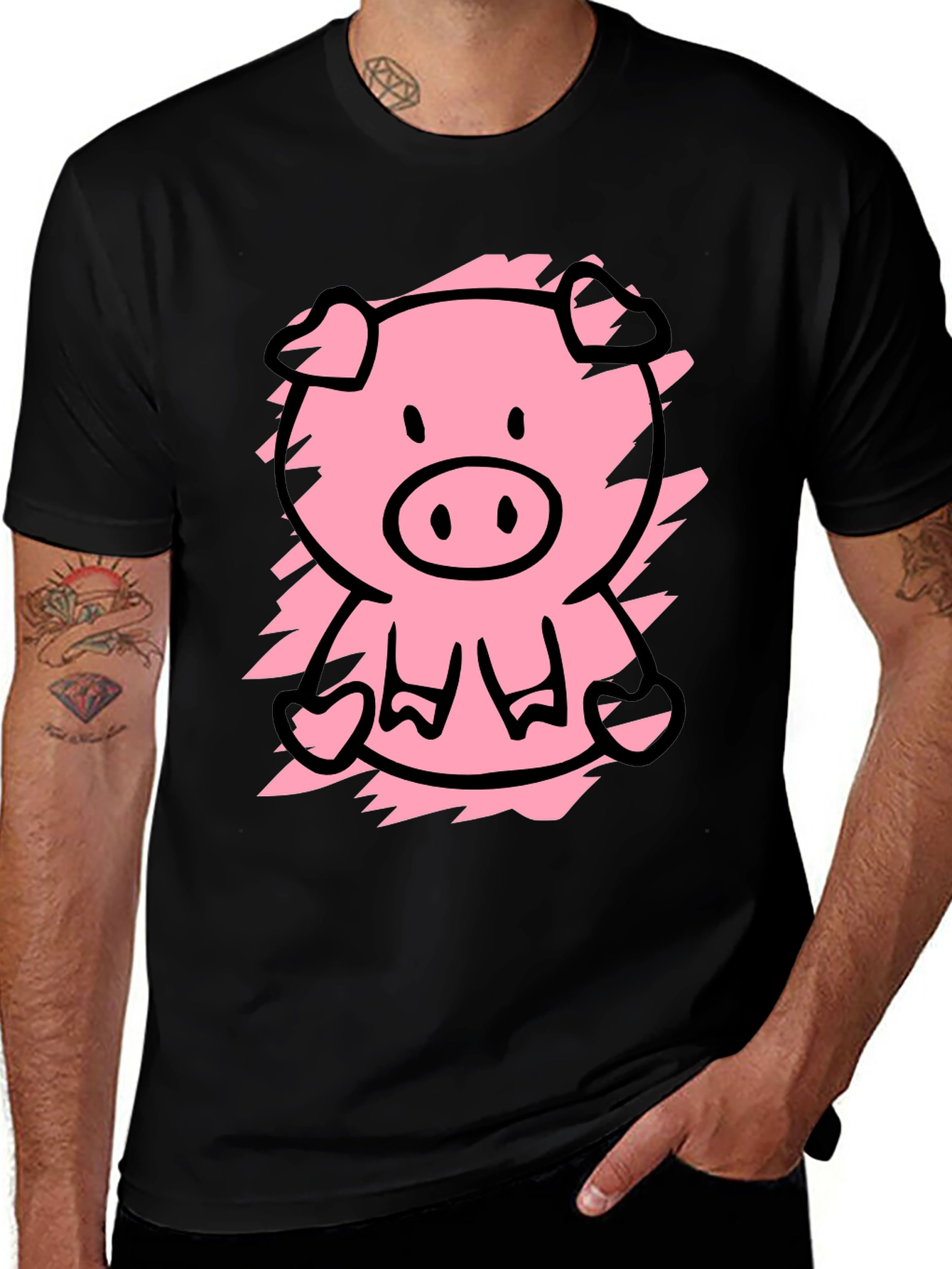 Variant 24 of Cute Pig Graphic Tee - Black Cotton T-Shirt