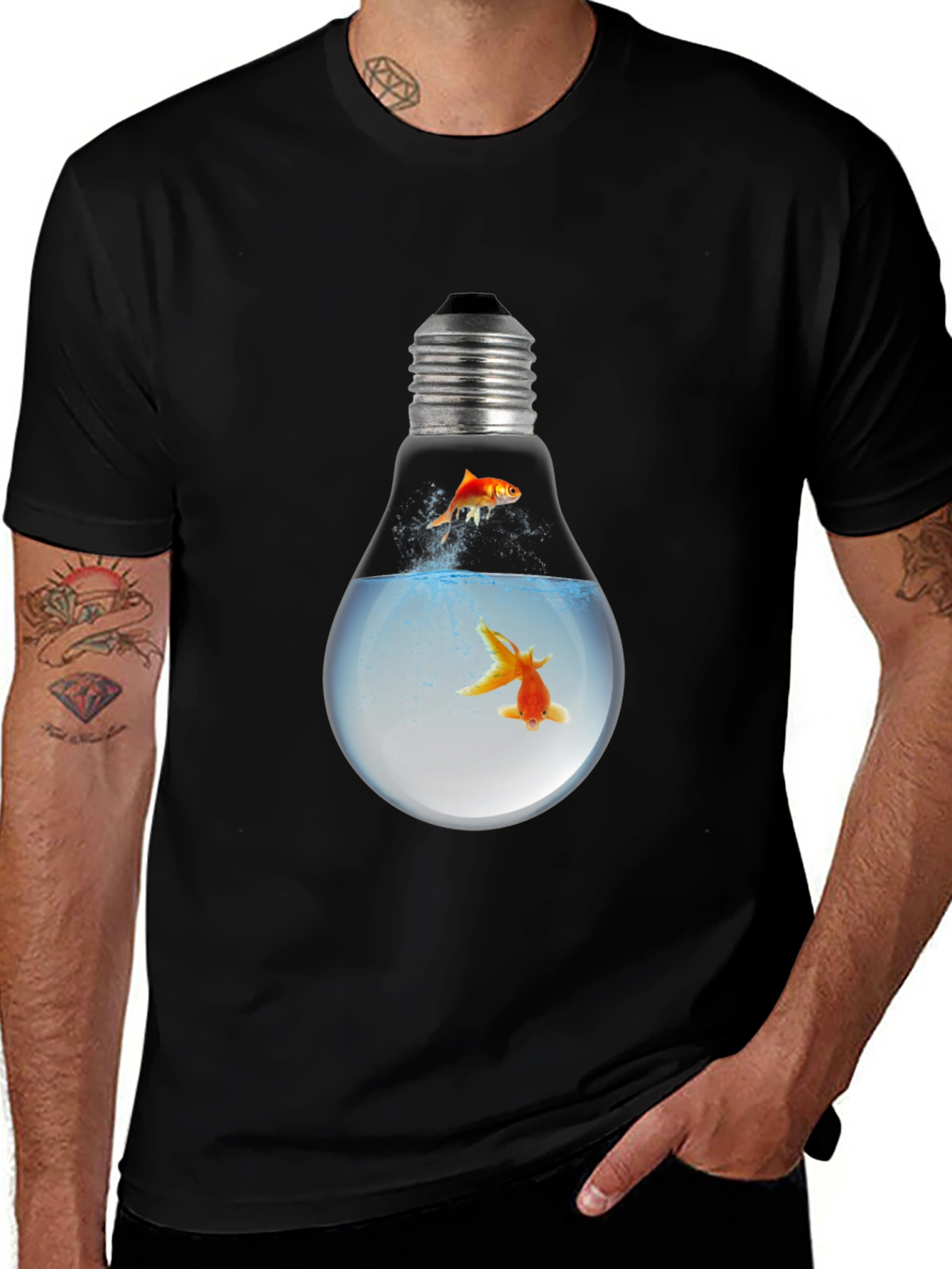 Variant 12 of Men's Black T-Shirt with Goldfish in Lightbulb Design