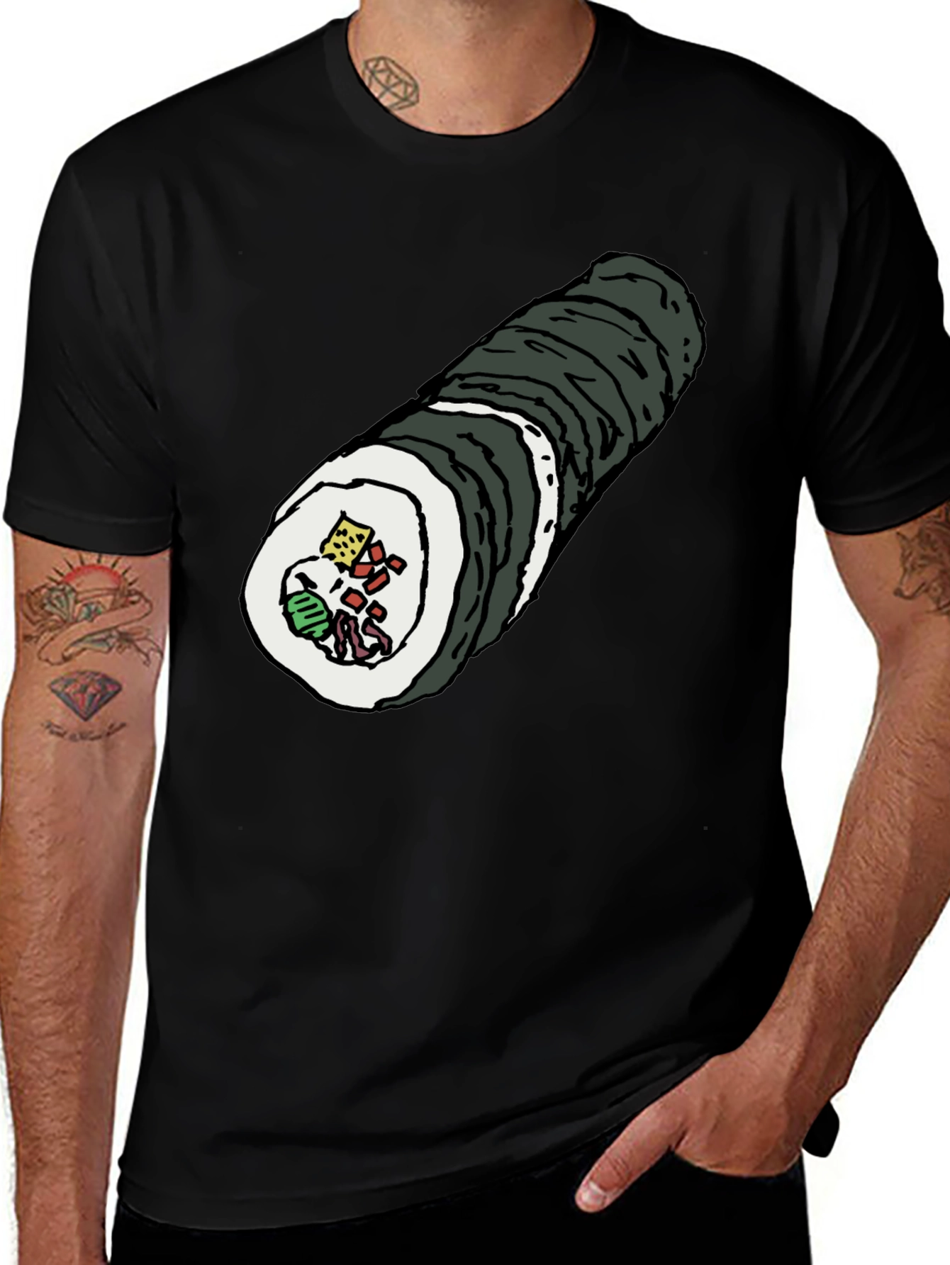 Variant 4 of Sushi Roll Graphic Tee - Black Cotton T-Shirt