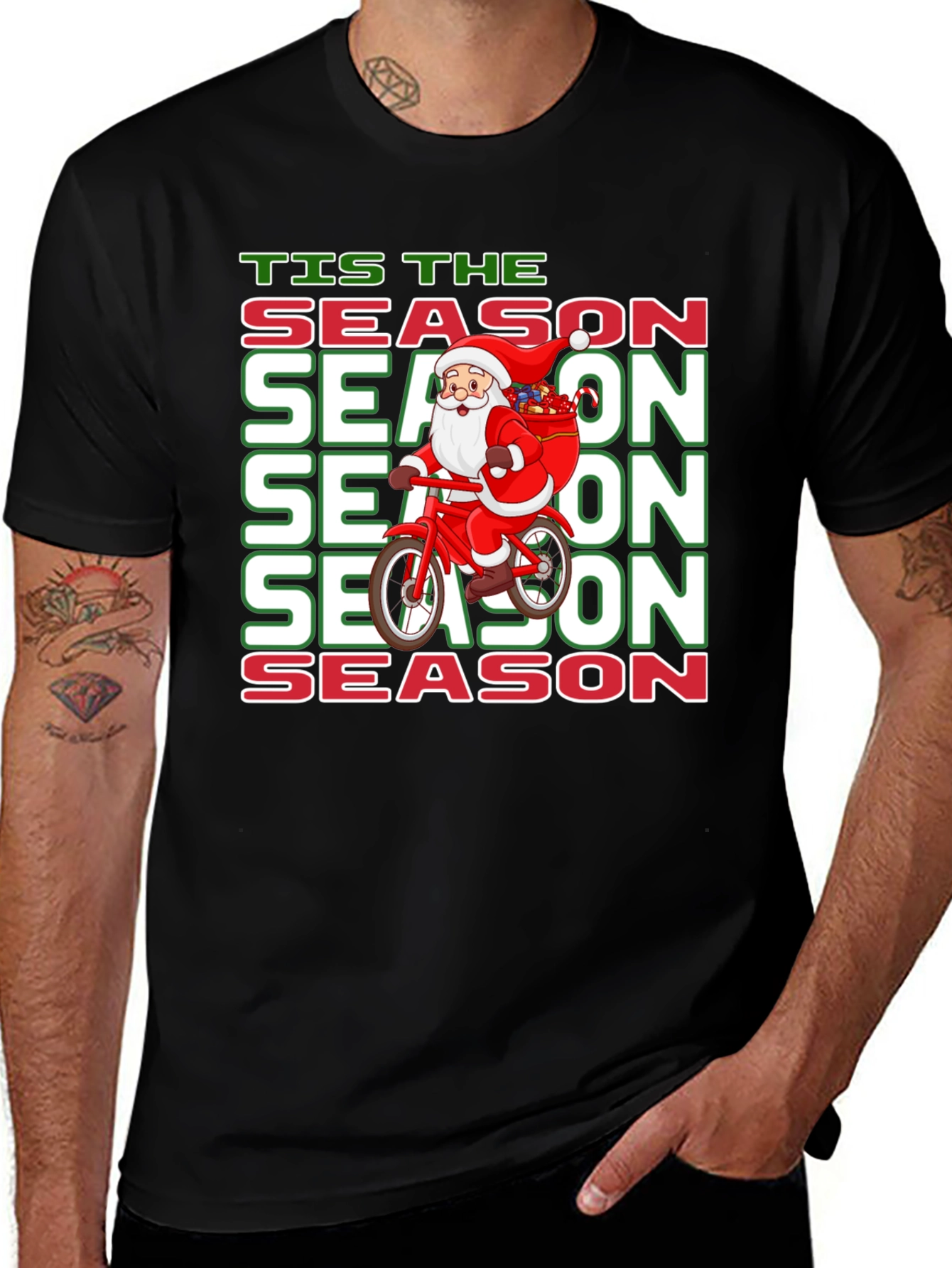 Tis the Season Santa on Bike Christmas Graphic Tee