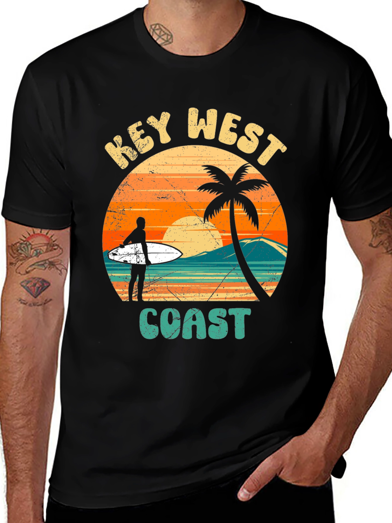 Variant 16 of Key West Coast T-Shirt - Retro Palm Tree Surfer Tee