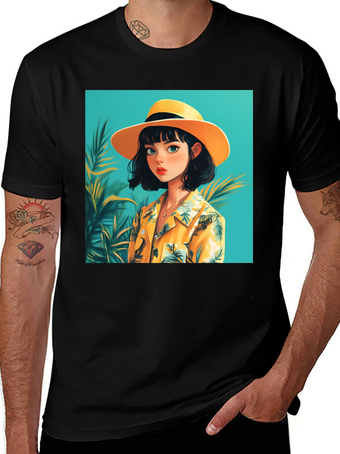 Tropical Anime Girl Black T-Shirt