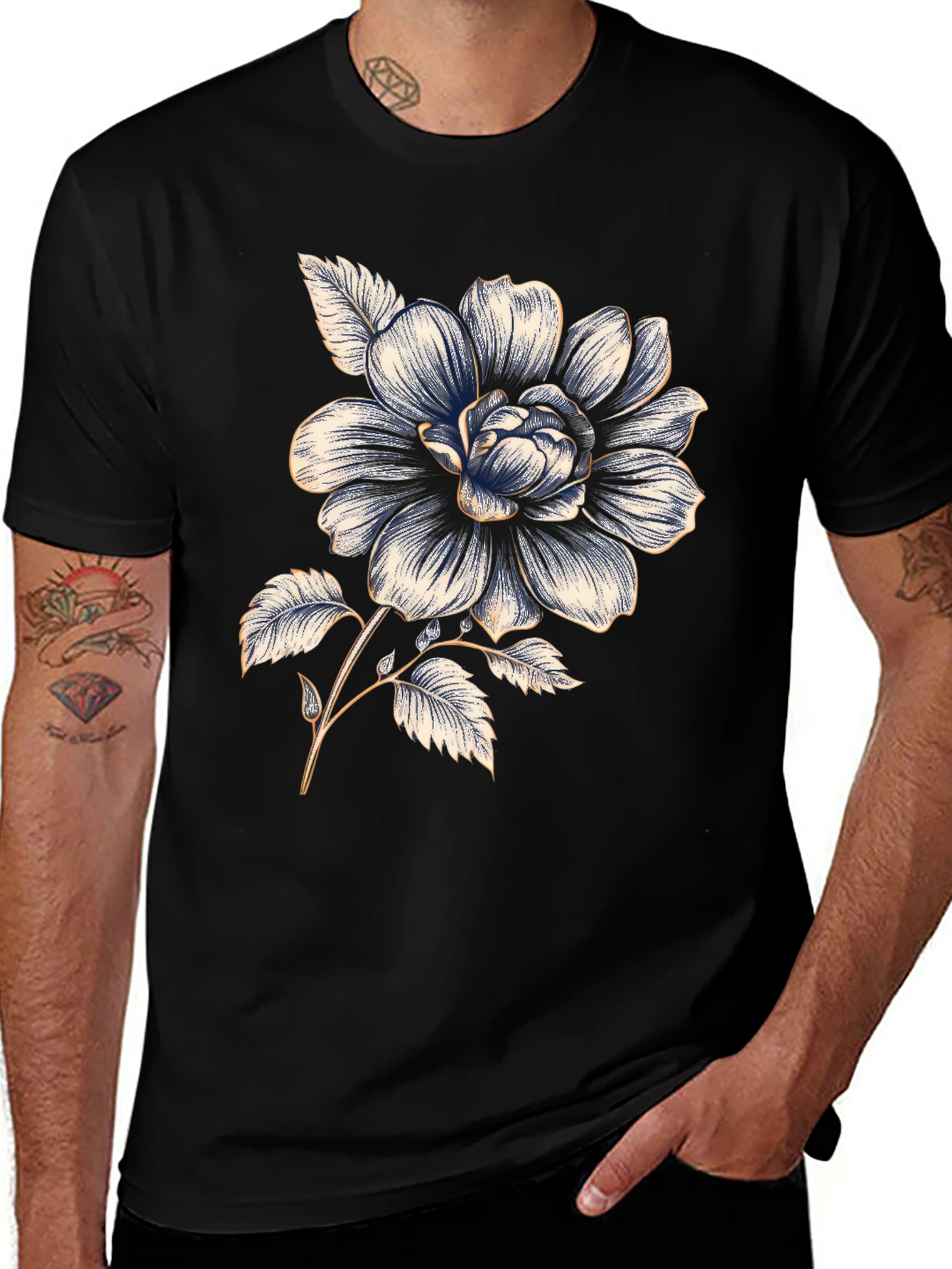 Variant 21 of Floral Print Black T-Shirt for Men