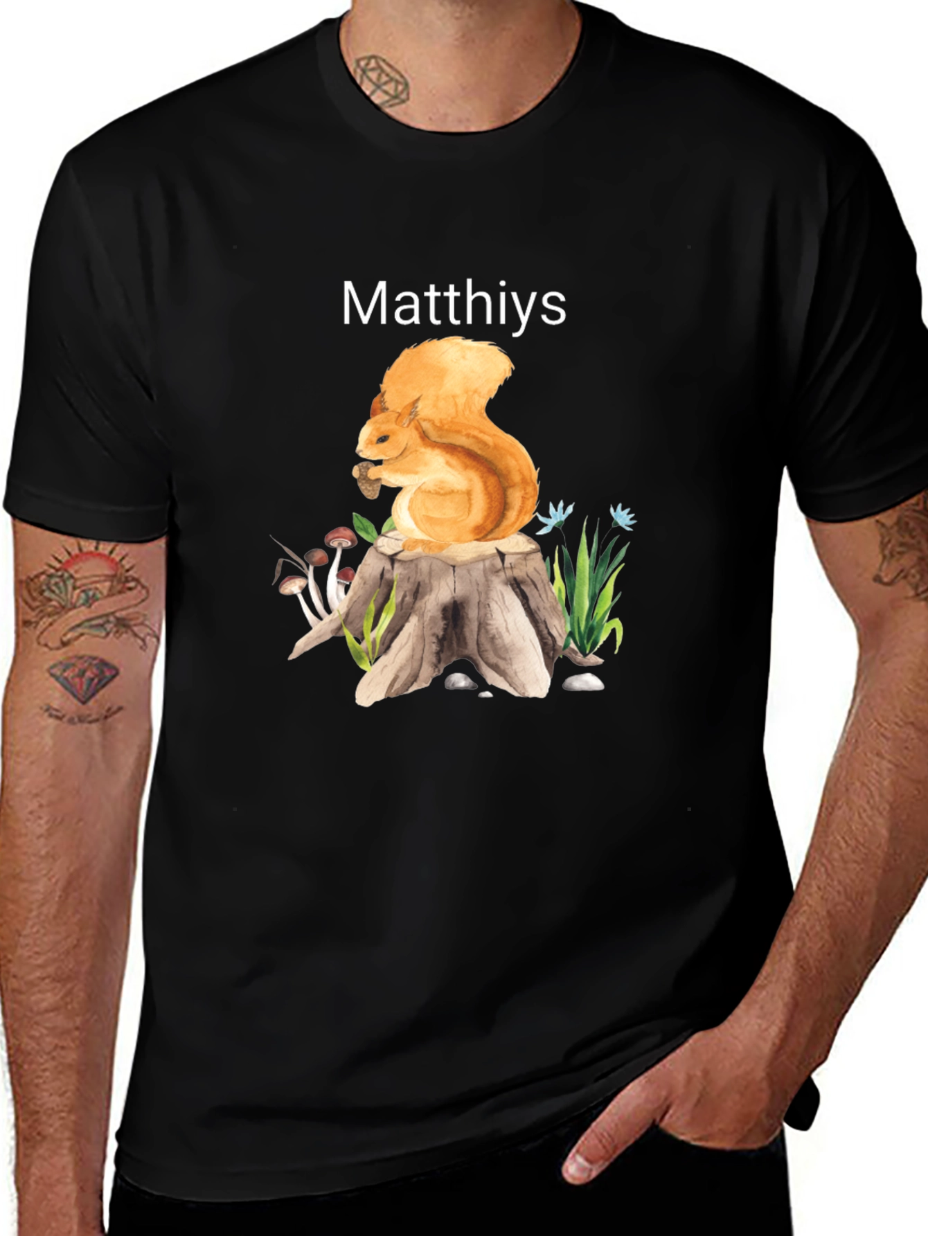 Squirrel Stump Personalized Black T-Shirt