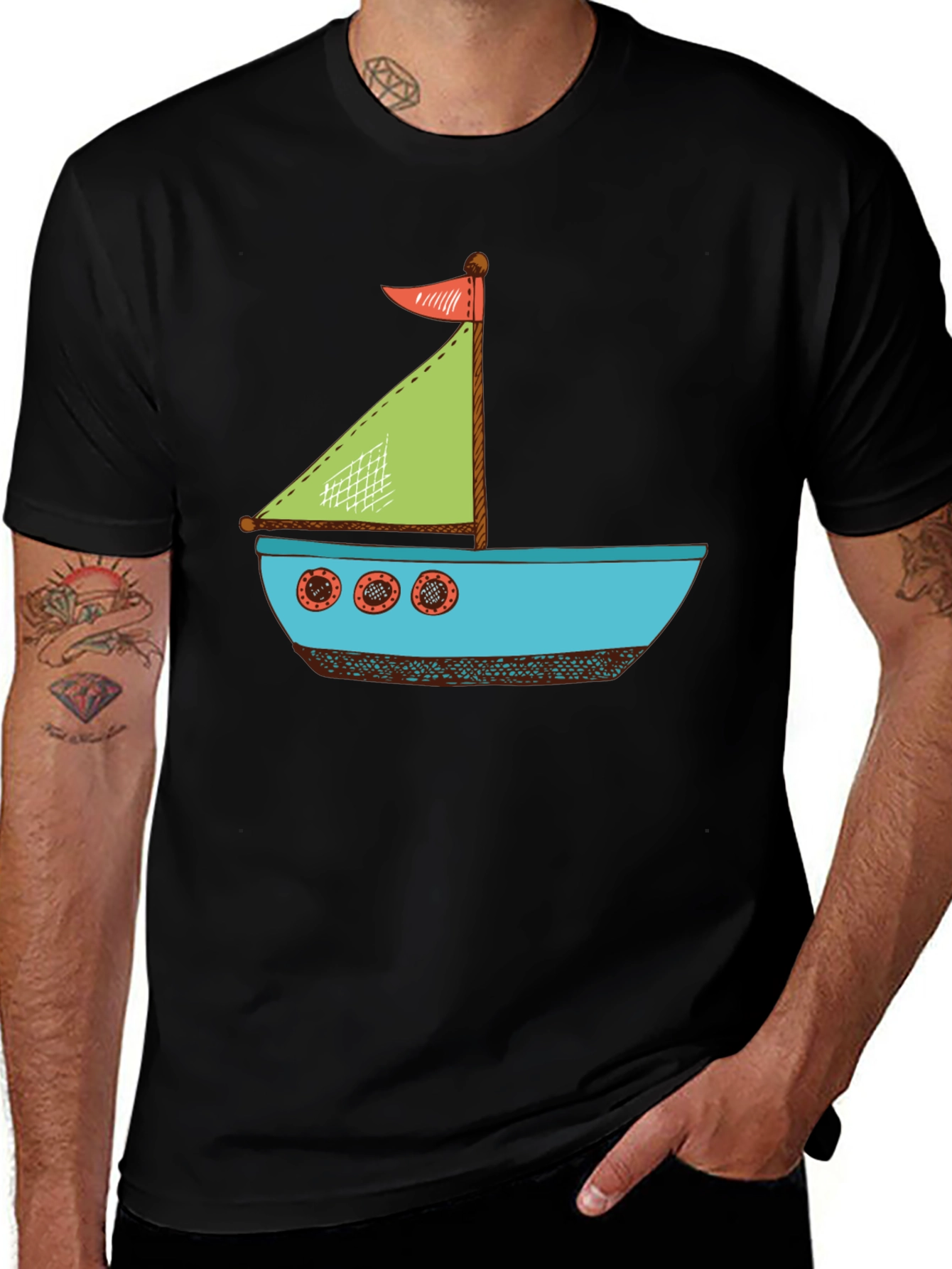 Variant 20 of Nautical Cartoon Boat T-Shirt - Black Cotton Tee