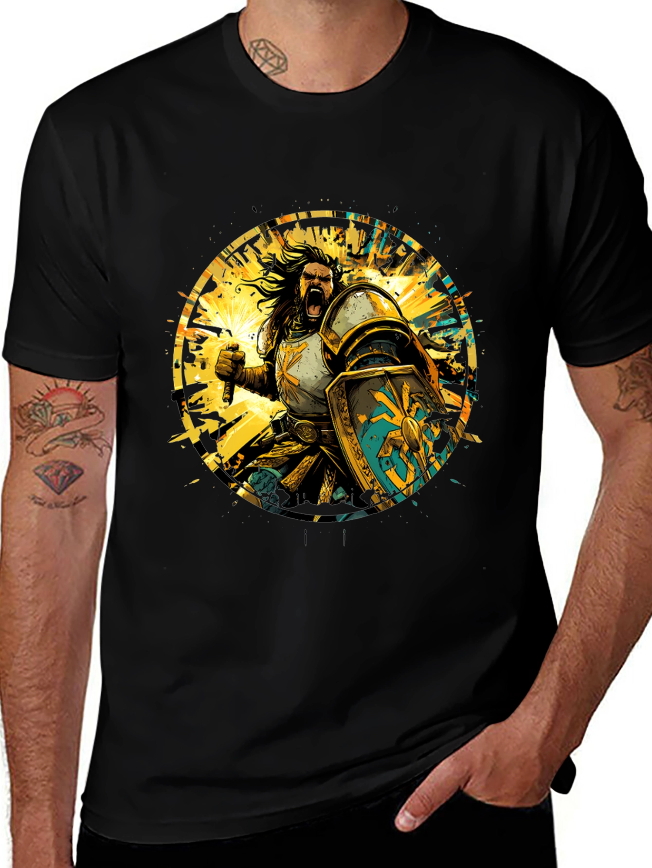 Black Warrior Knight Graphic Tee - Black Cotton T-Shirt main image