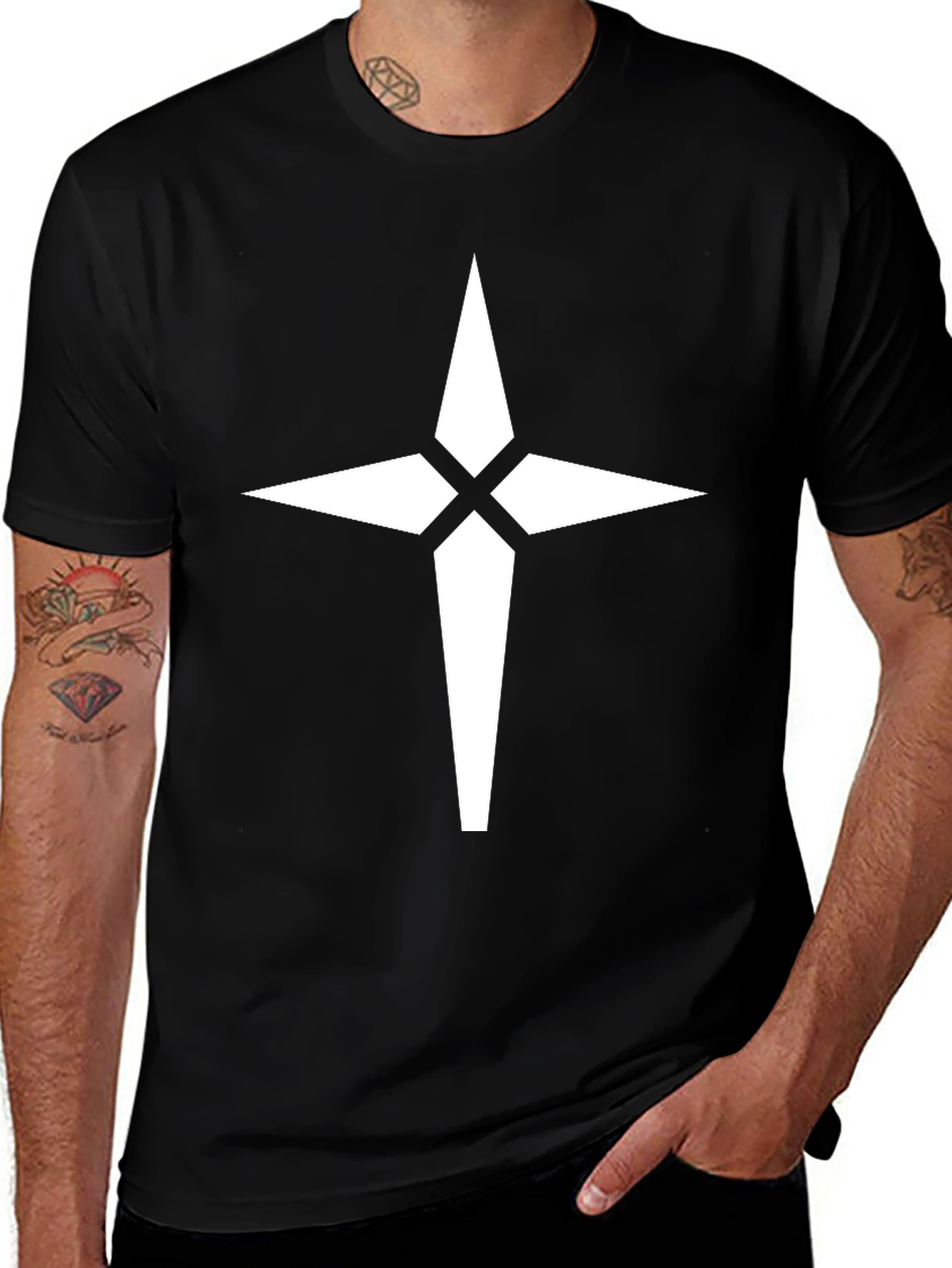 Variant 3 of Black Tee with White Compass Star Graphic