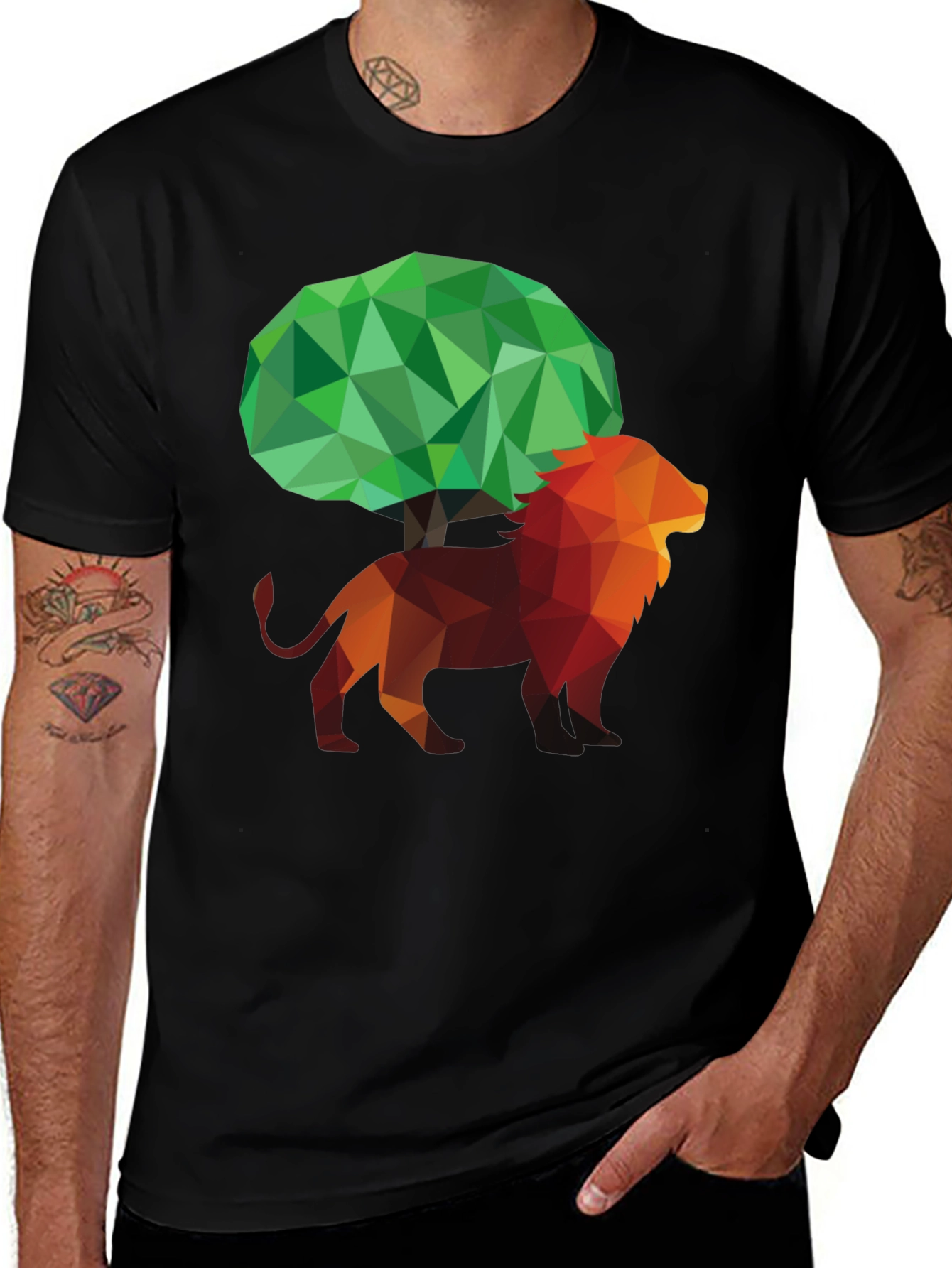 Variant 9 of Geometric Lion & Tree Graphic Print Men's Black T-Shirt