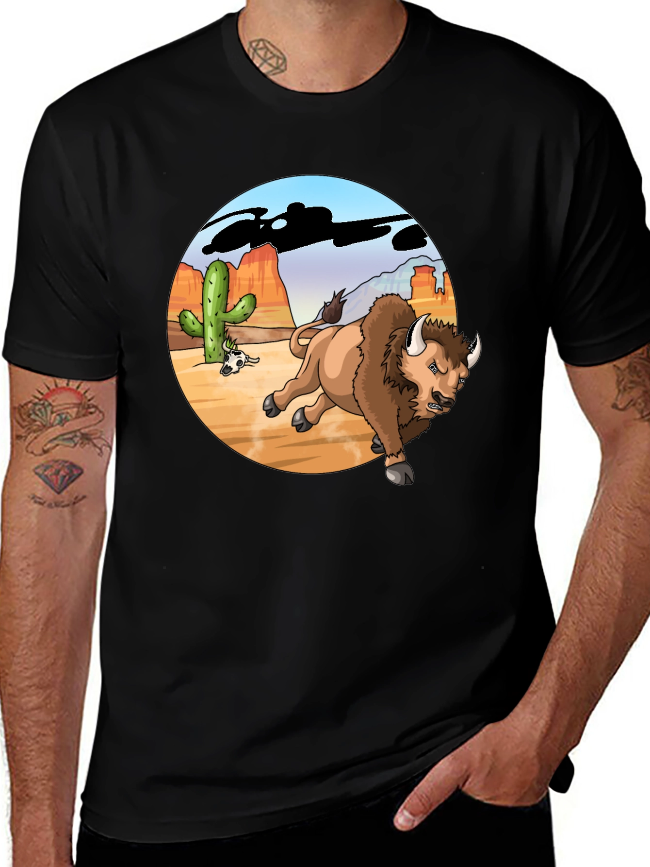 Variant 22 of Cartoon Buffalo Tee - Desert Scene Black T-Shirt