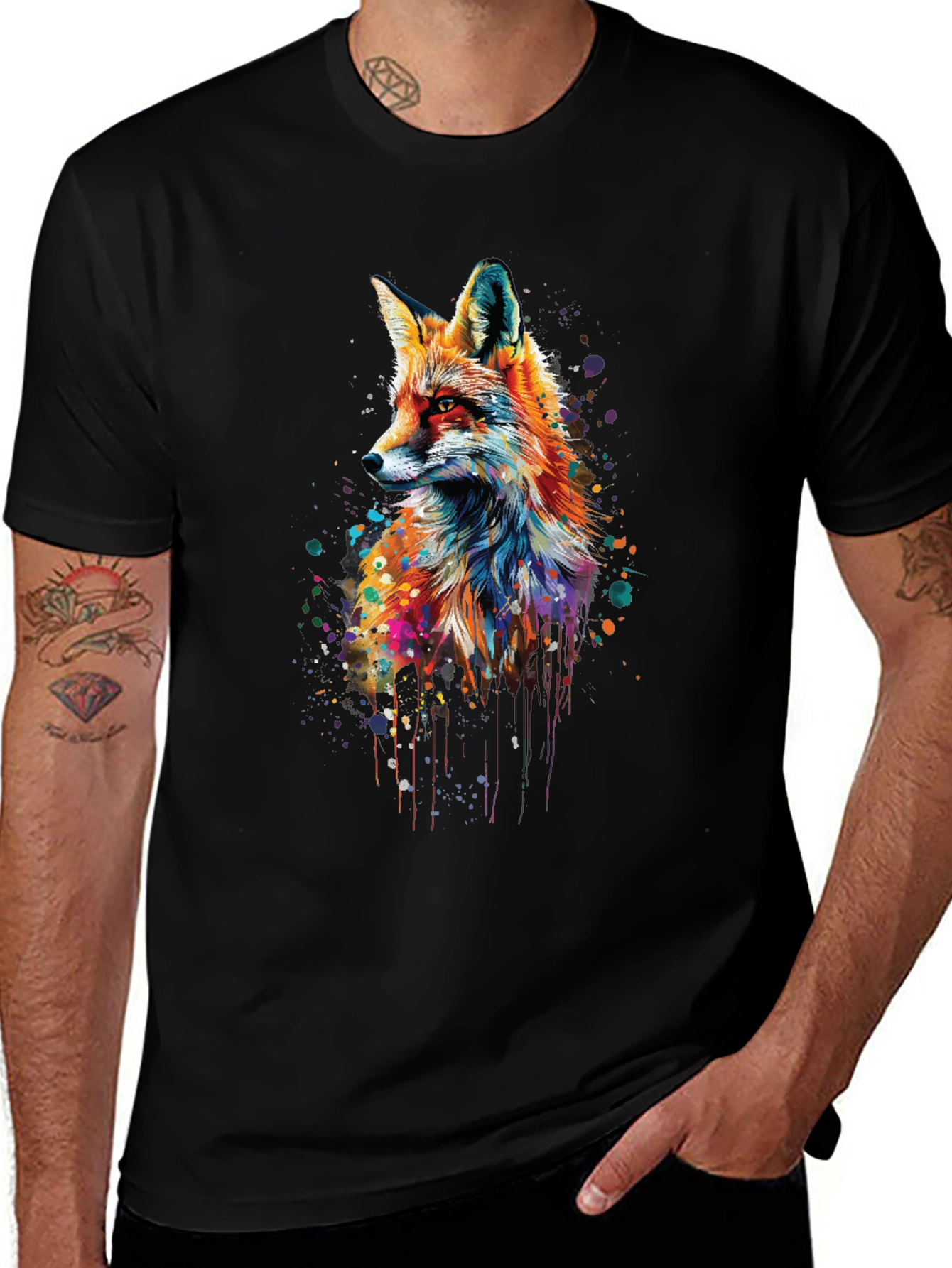 Variant 24 of Colorful Fox Graphic Print Black T-Shirt
