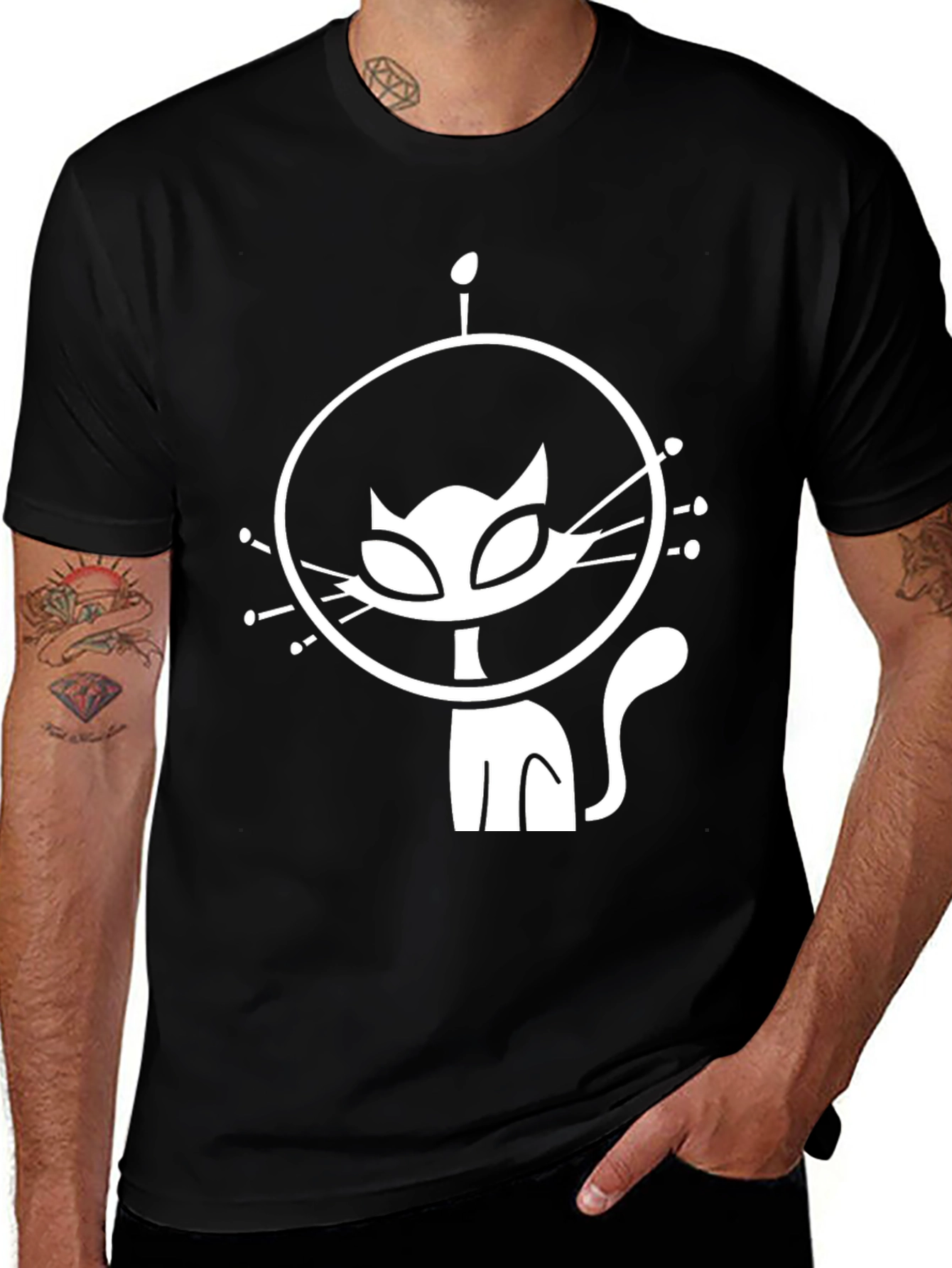 Variant 27 of Astronaut Cat Graphic T-Shirt - Black Cotton Tee