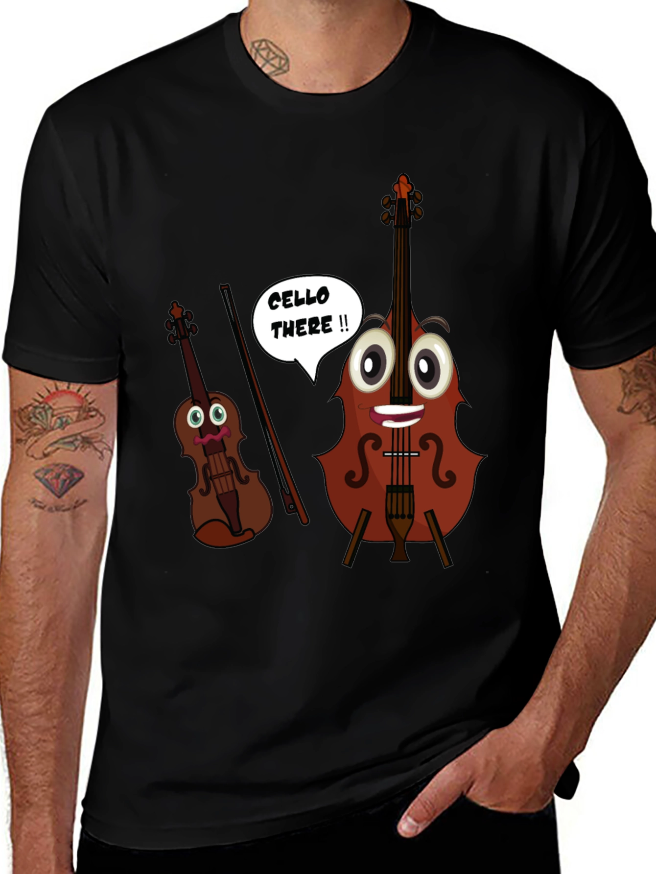 Variant 26 of Funny "Cello There" Cartoon Instrument T-Shirt