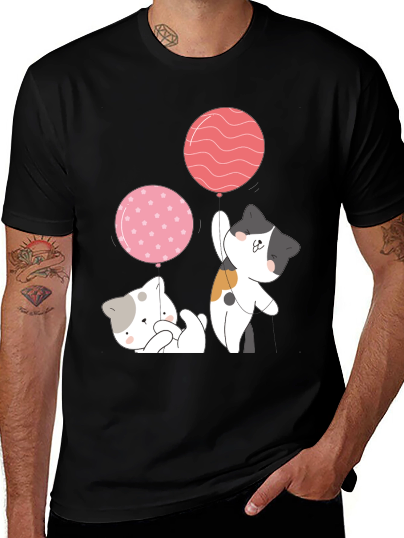 Variant 19 of Cute Cats with Balloons Graphic Tee - Black