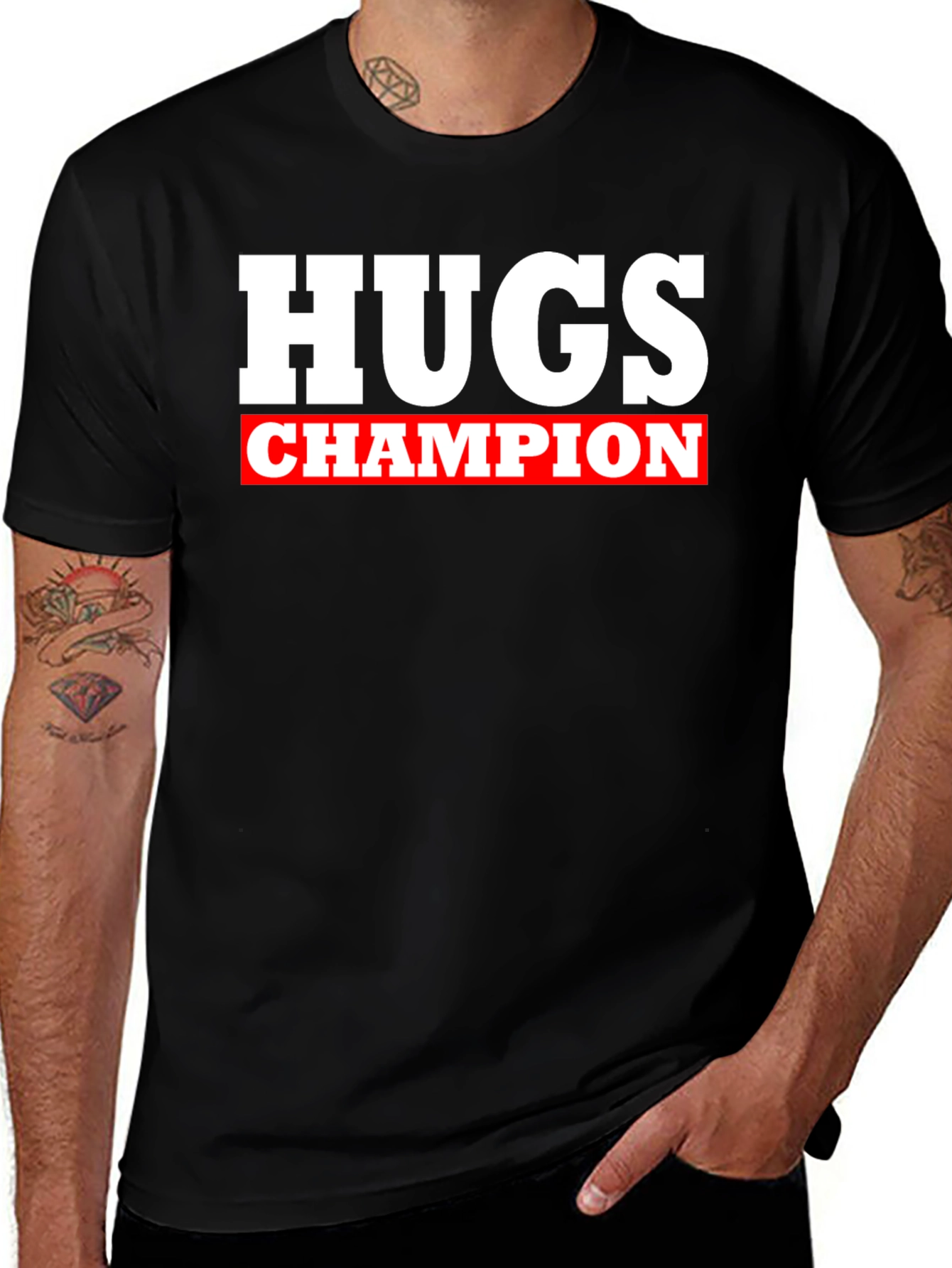 Hugs Champion Black T-Shirt - Bold Graphic Tee