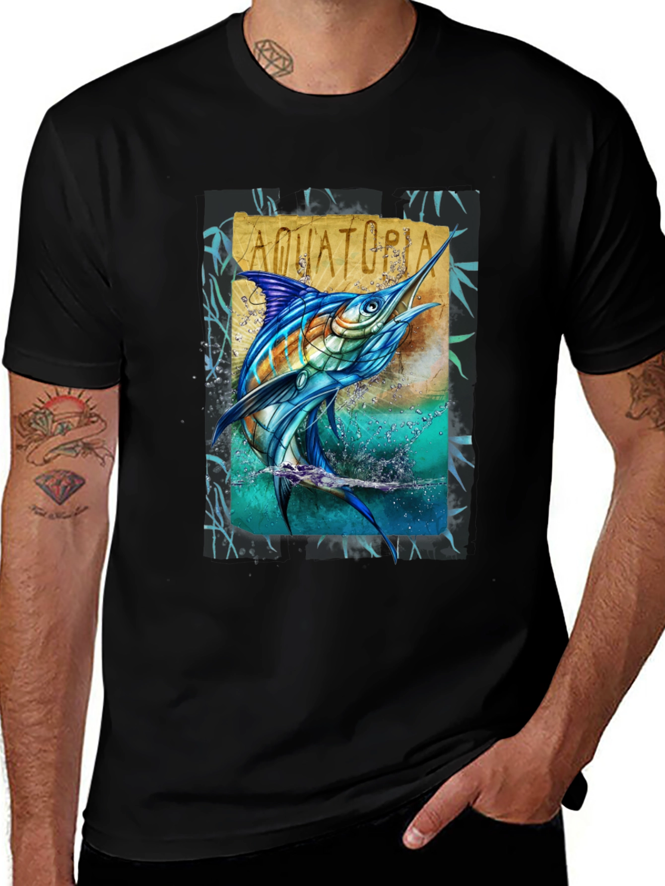 Aquatoria Marlin Fish Graphic Tee - Black Cotton T-Shirt