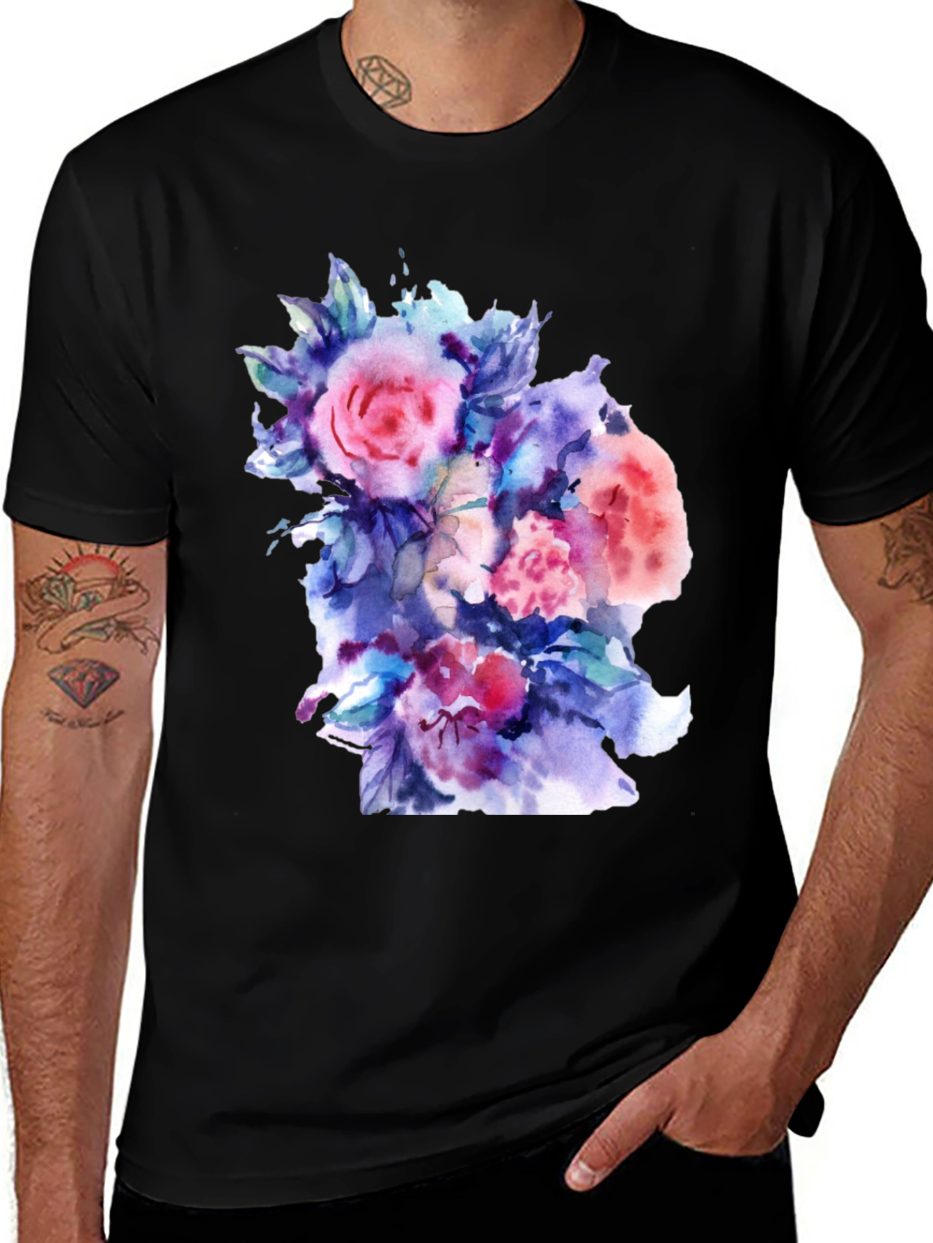 Variant 11 of Floral Watercolor Print Black T-Shirt