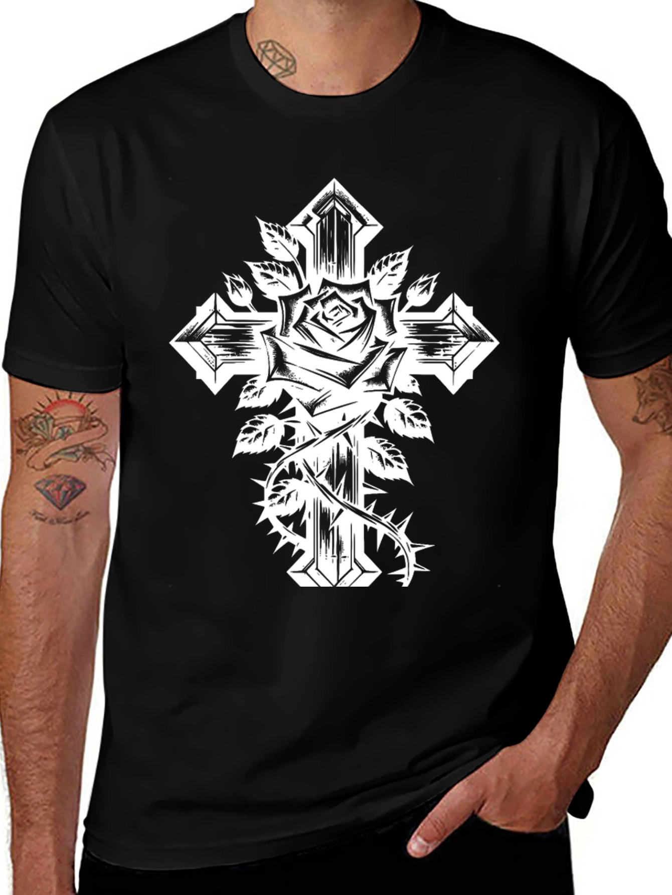 Variant 21 of Gothic Rose Cross Graphic Black T-Shirt