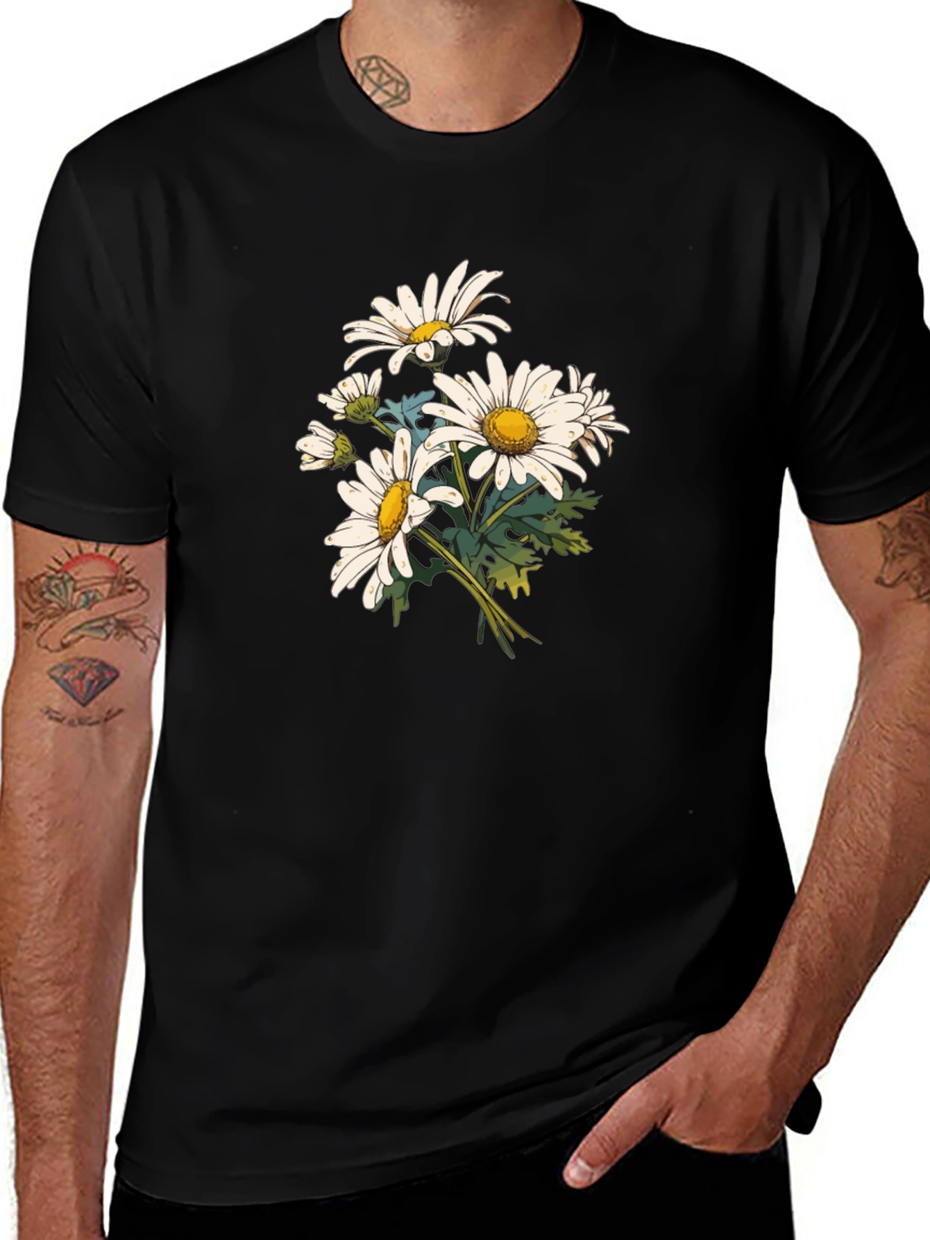 Daisy Flower Print Black T-Shirt