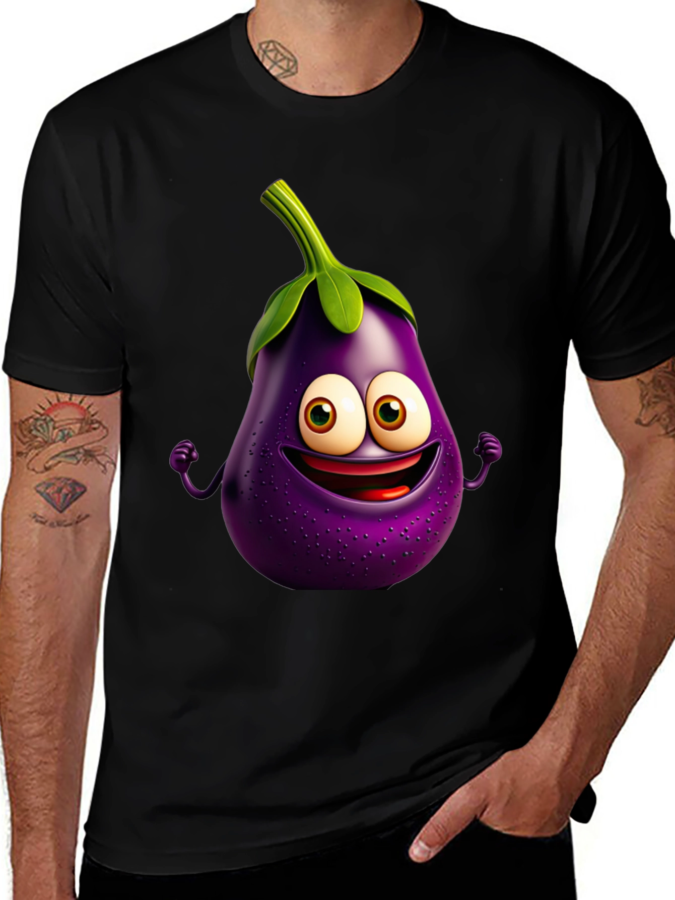 Variant 2 of Eggplant Emoji T-Shirt - Black, Short Sleeve, Fun Design