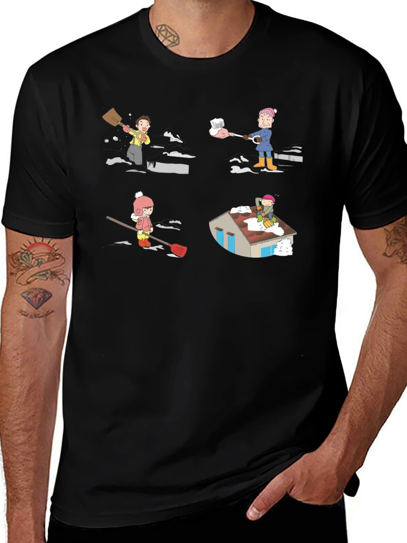 Variant 8 of Snow Shoveling Cartoon Graphic Tee - Black
