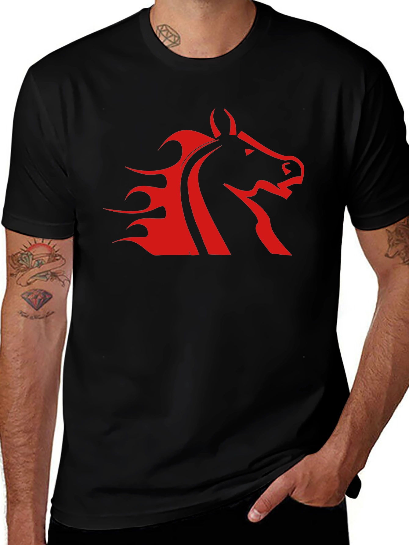 Variant 20 of Black T-Shirt with Bold Red Horse Graphic