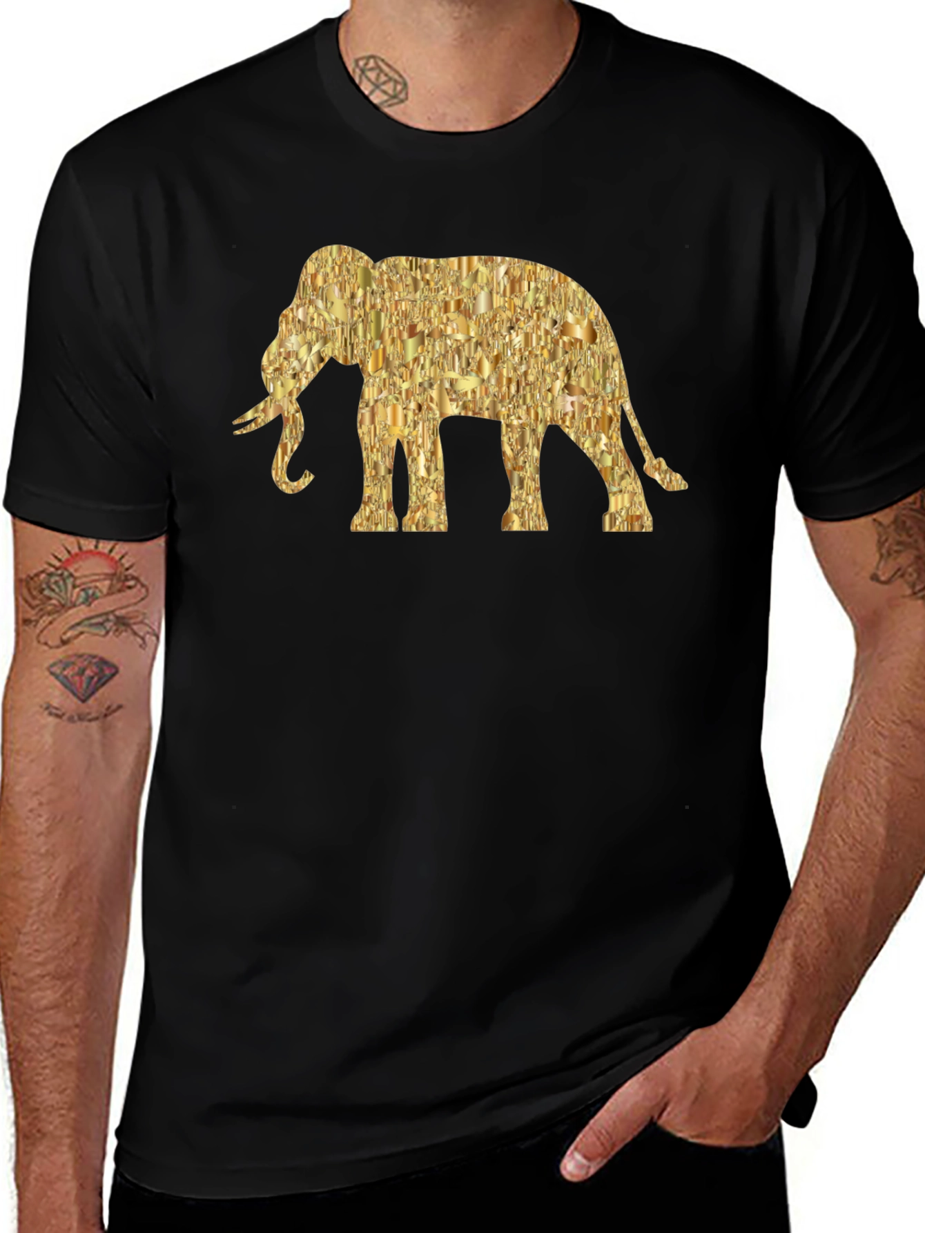 Variant 6 of Golden Elephant Print Black T-Shirt
