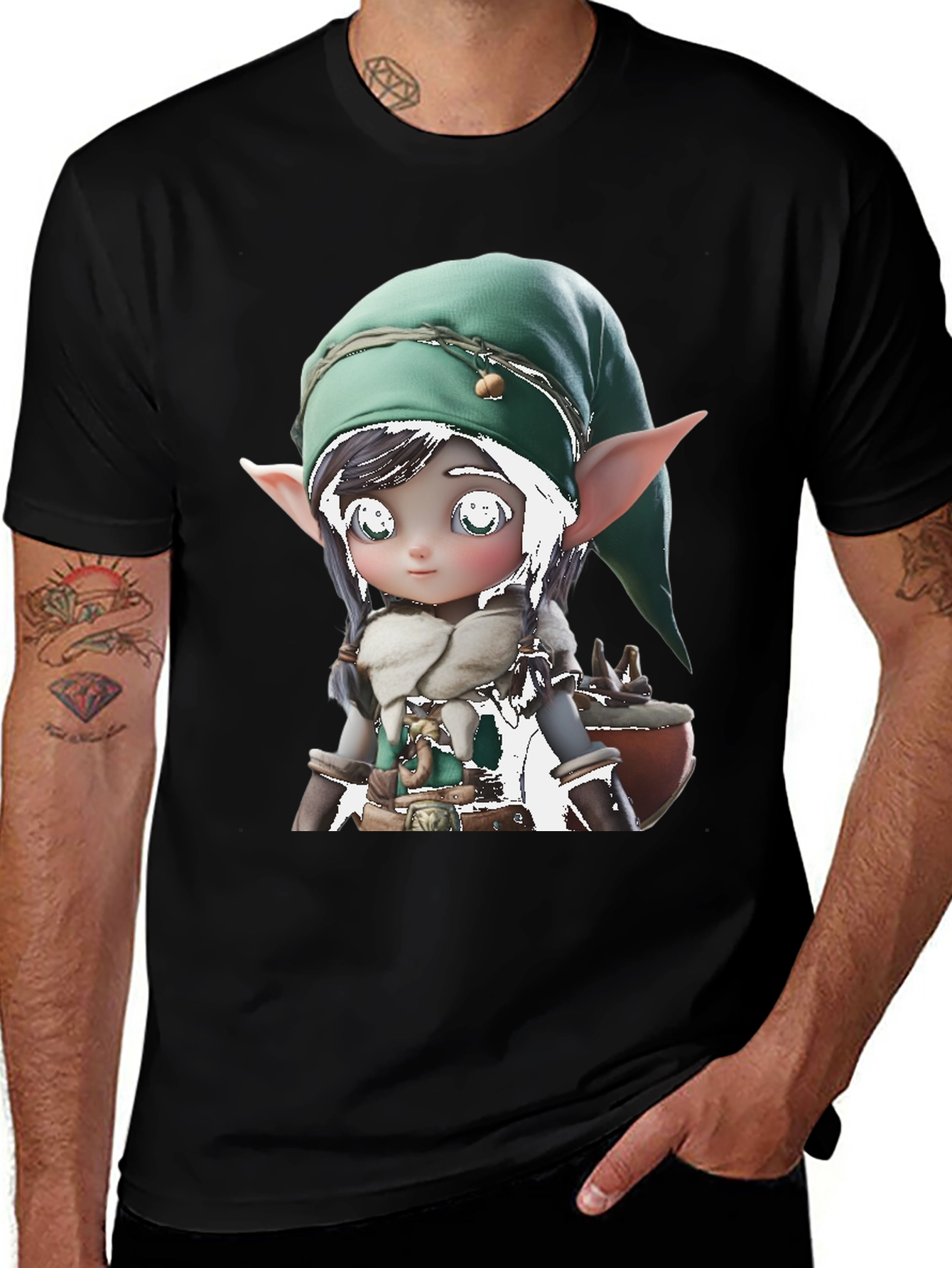 Variant 10 of Cute Elf Graphic Tee - Black Cotton Blend
