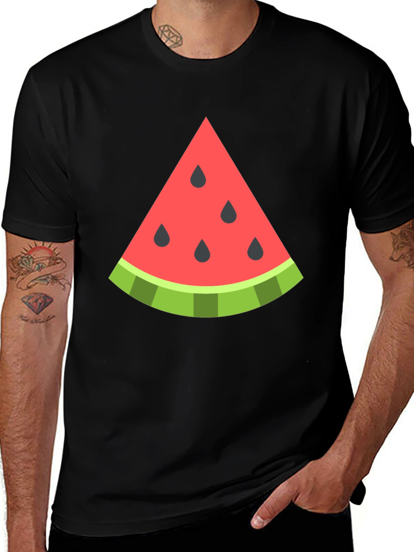 Fun Watermelon Slice Graphic Print Black T-Shirt