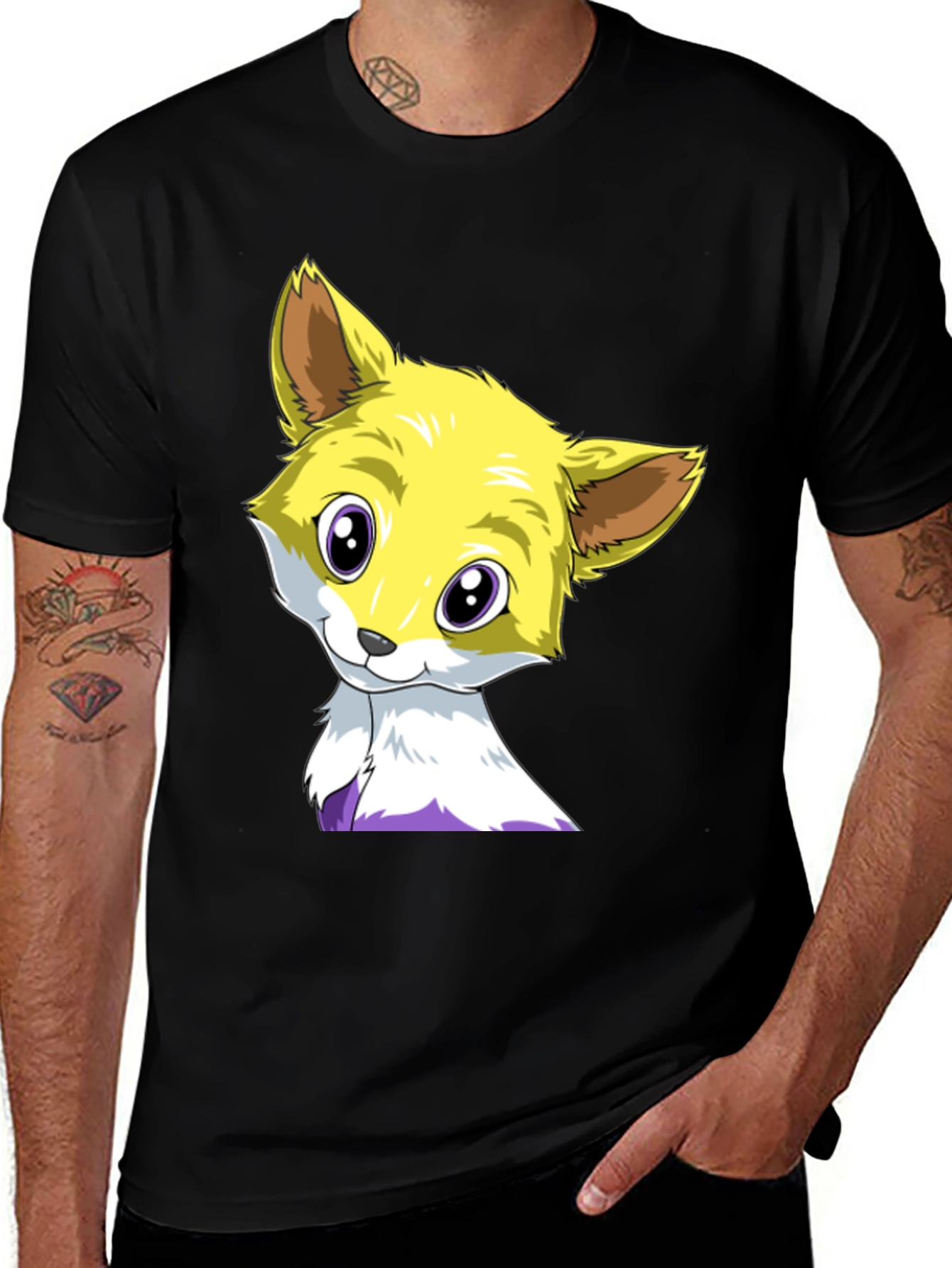 Variant 6 of Cute Fox Cartoon Graphic Tee - Unisex Black T-Shirt