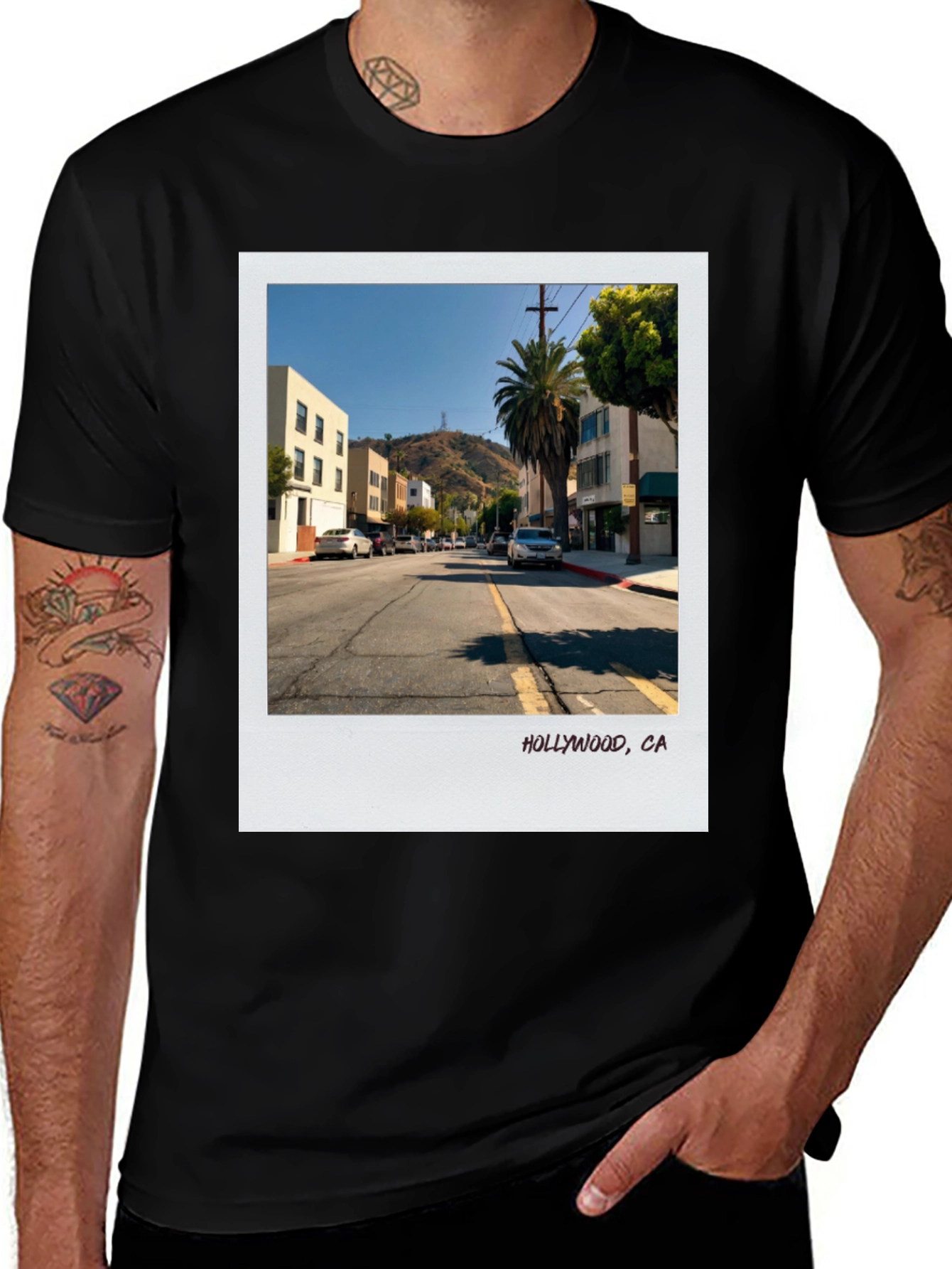Hollywood CA Street Scene Black T-Shirt