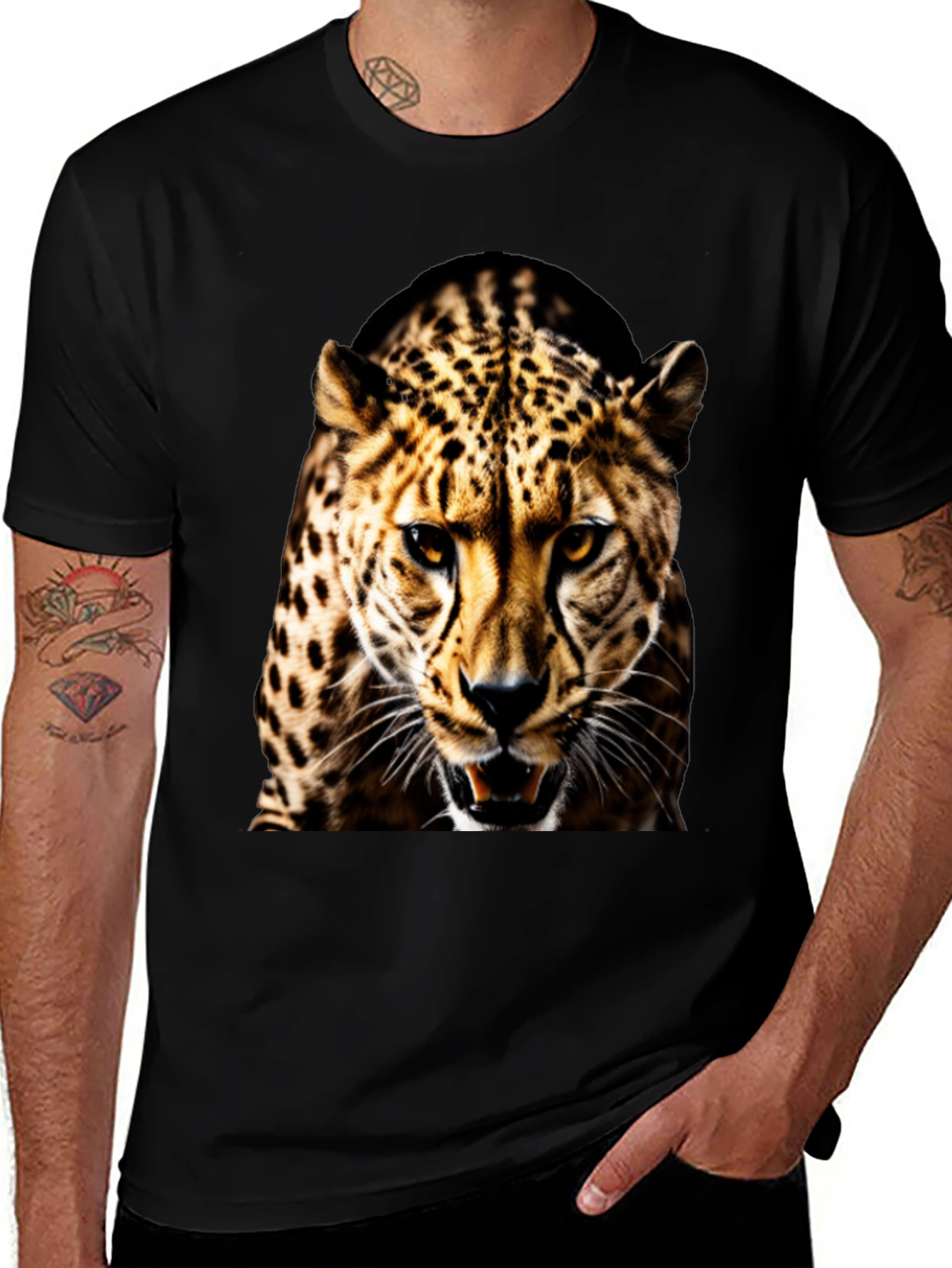Variant 12 of Men's Black T-Shirt with Fierce Leopard Graphic