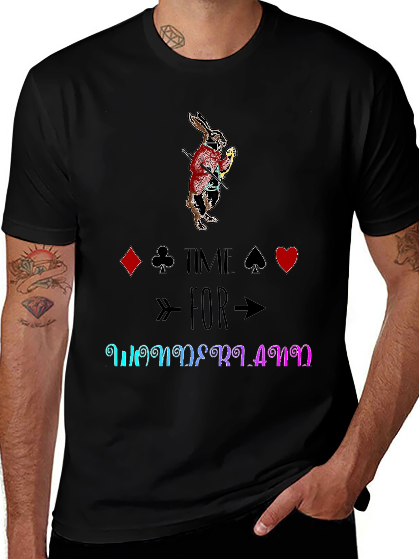 Wonderland Rabbit Graphic Tee - Unisex Black T-Shirt