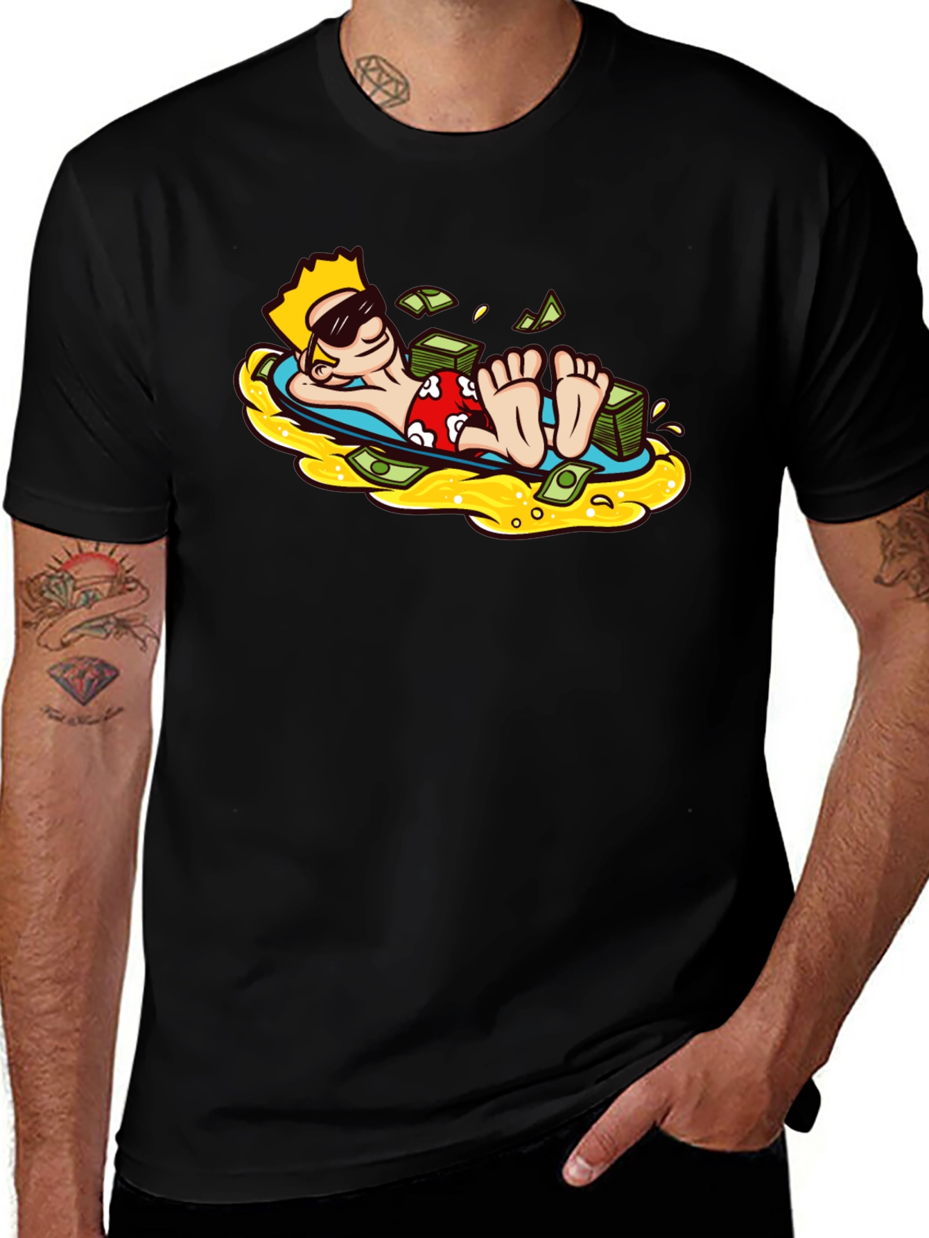 Relaxing Rich Cartoon T-Shirt - Black