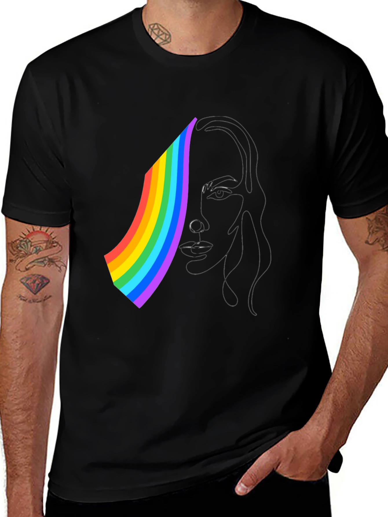 Variant 10 of Rainbow Face Line Art Graphic Tee - Black Unisex T-Shirt
