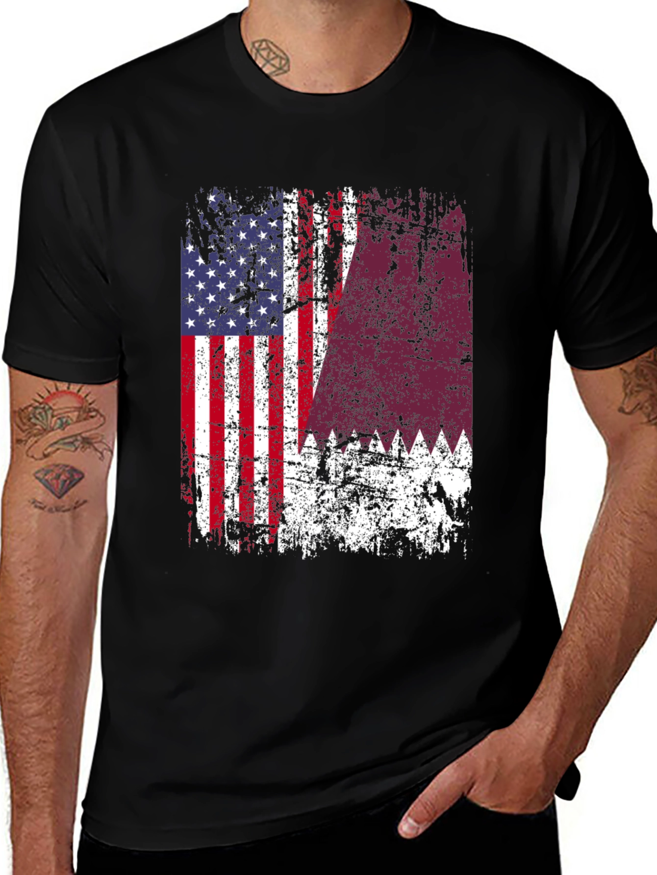 USA Qatar Flag Distressed T-Shirt