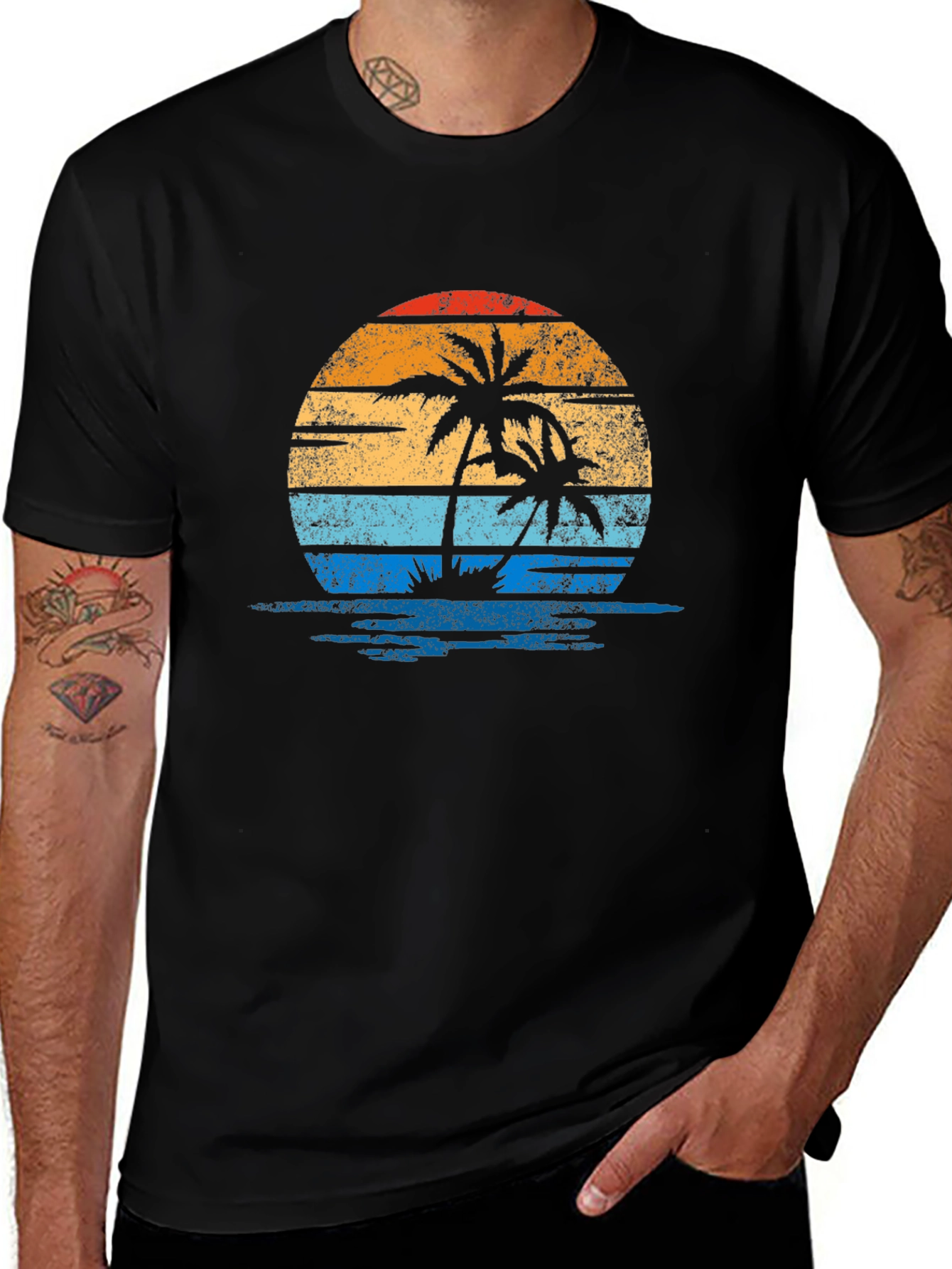 Variant 14 of Retro Palm Tree Sunset Graphic Tee - Black
