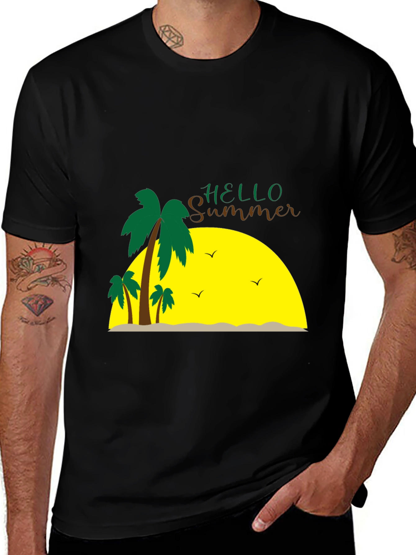 Variant 10 of Hello Summer Black T-Shirt - Palm Trees